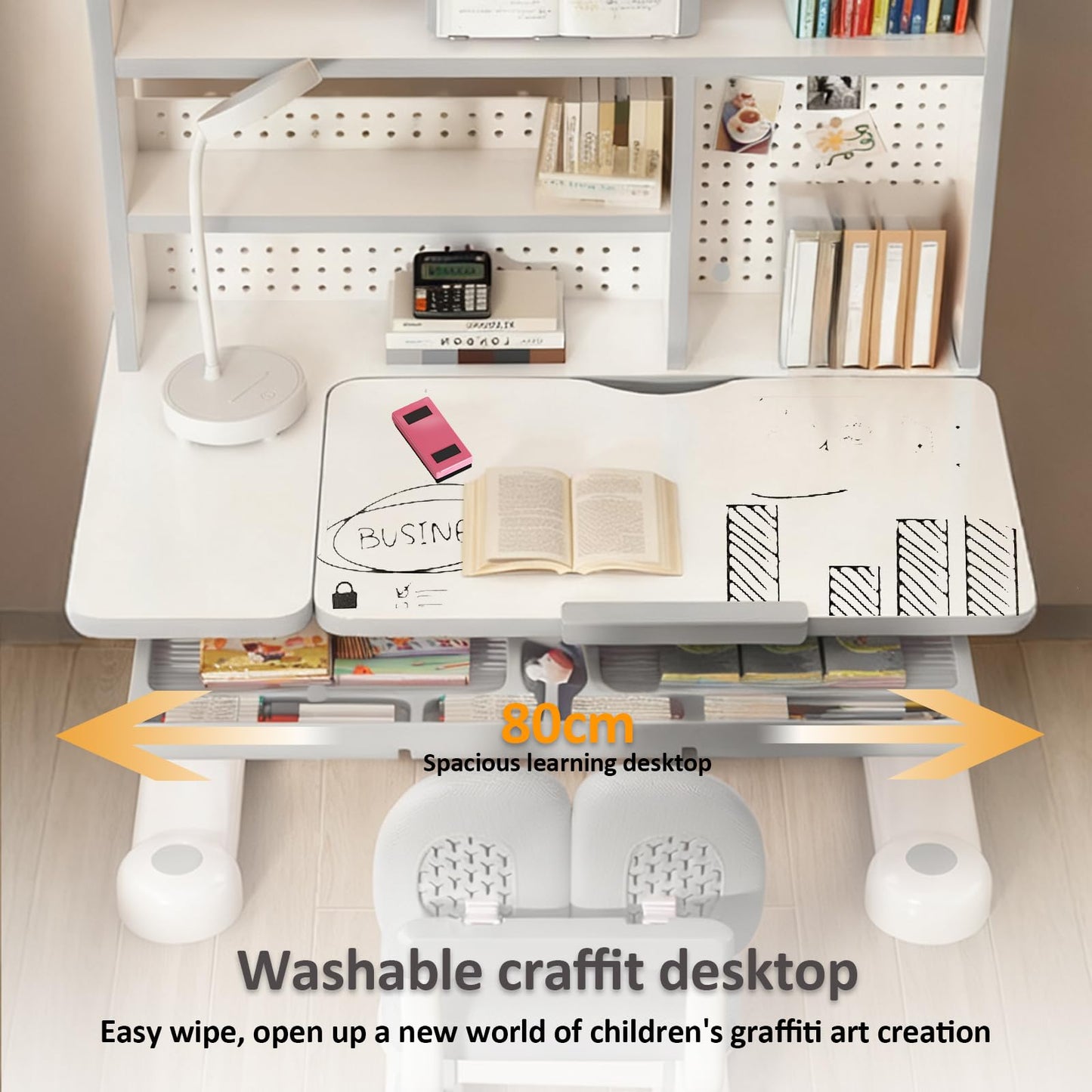 OYOWINGO Kids Functional Desk and Chair Set - Ergonomic Height Adjustable Art Desk for Bedroom with Tiltable Desktop, Book Stand, Reading Rack & Storage Drawer for Children Boys & Girls (Grey)