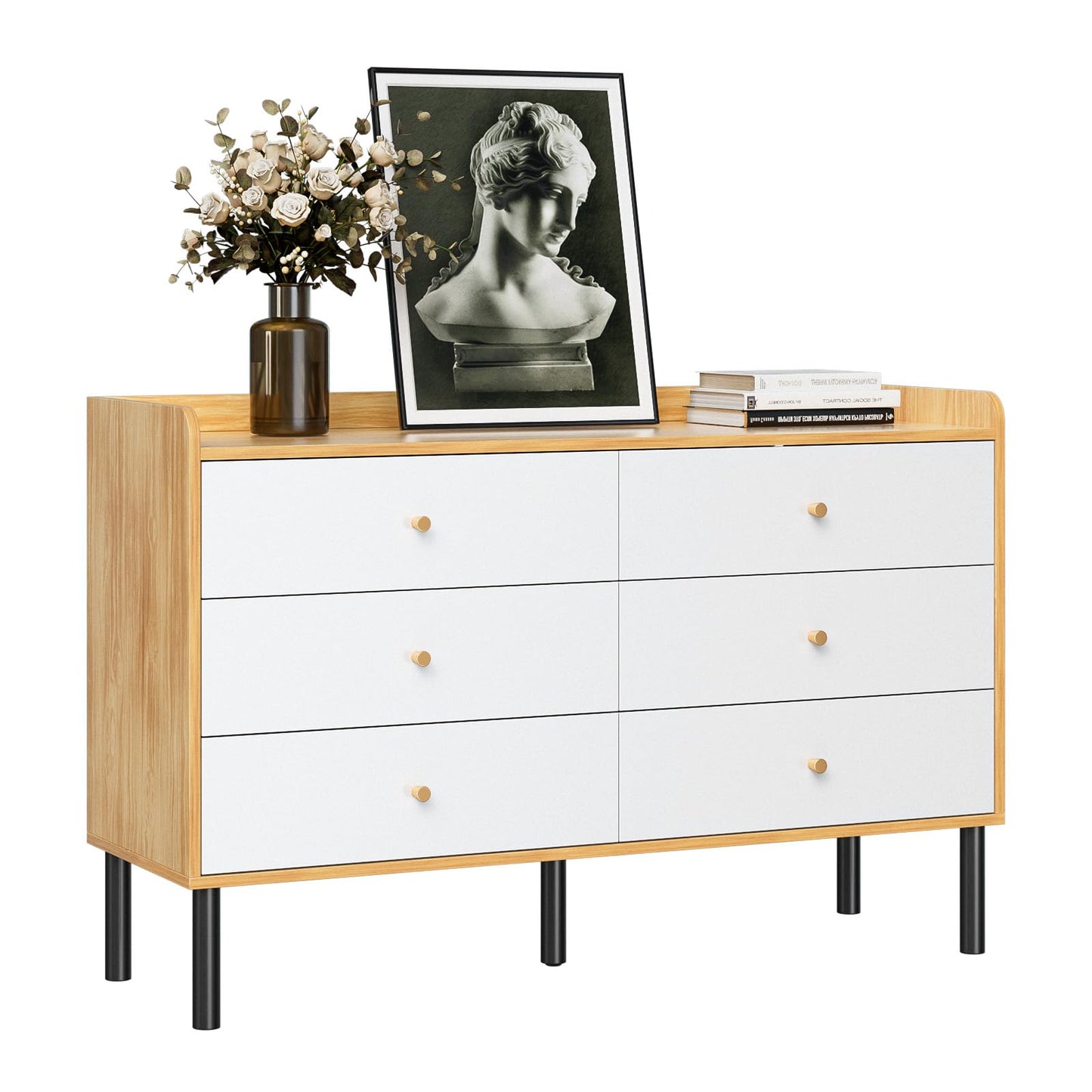LYNSOM Dresser for Bedroom, 6 Drawer Natural Wood Dresser with Wide Drawer and Metal Handles, Modern Dressers & Chests of Drawers for Hallway Entryway