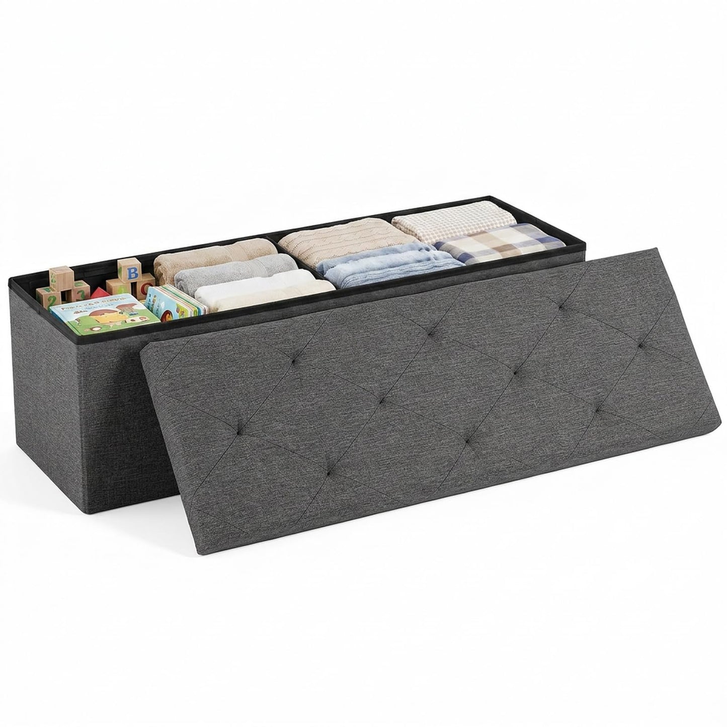 DUMOS 43 Inch Folding Storage Ottoman Bench, Large Hidden Storage Chest with Thicker Foam Padded Seat, End of Bed Foot Rest Stool for Bedroom Living Room Entryway, Load 660 lbs, Grey