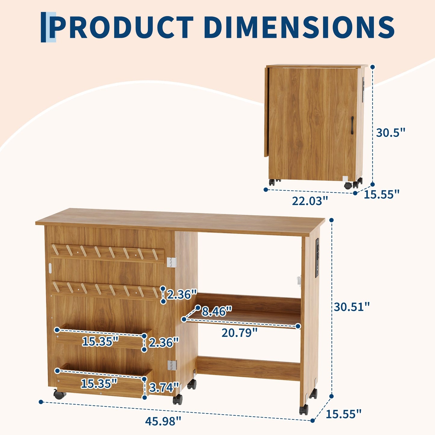 Folding Sewing Machine Table with Charging Station, Rolling Craft Table with Lockable Wheels, Storage Trays & Shelf, Pegs, Magnetic Locks, Foldable Sewing Machine Cabinet Desk for Small Spaces, Brown