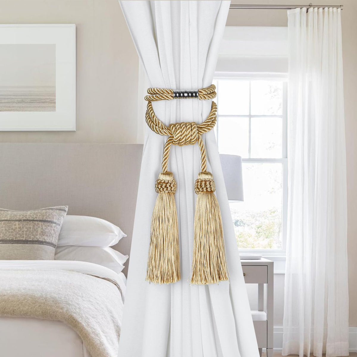 Fenghuangwu Magnetic Curtain Tiebacks Handmade Tassel Drapery Holdback,2P