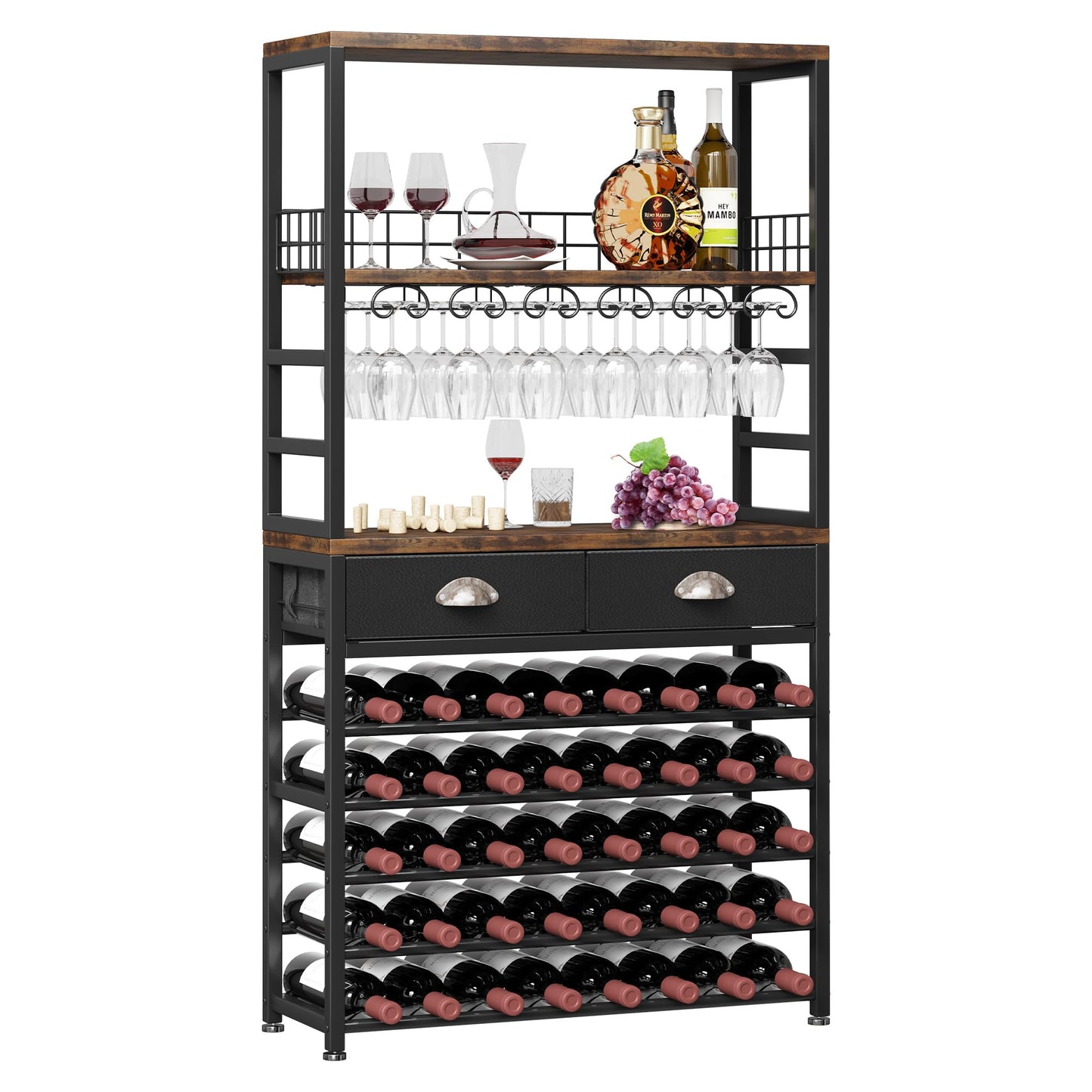 Homeiju Wine Cabinet with Storage, Wine Rack Freestanding Floor, 6-Tier with Tabletop, Drawer and Wine Storage for Home Bars