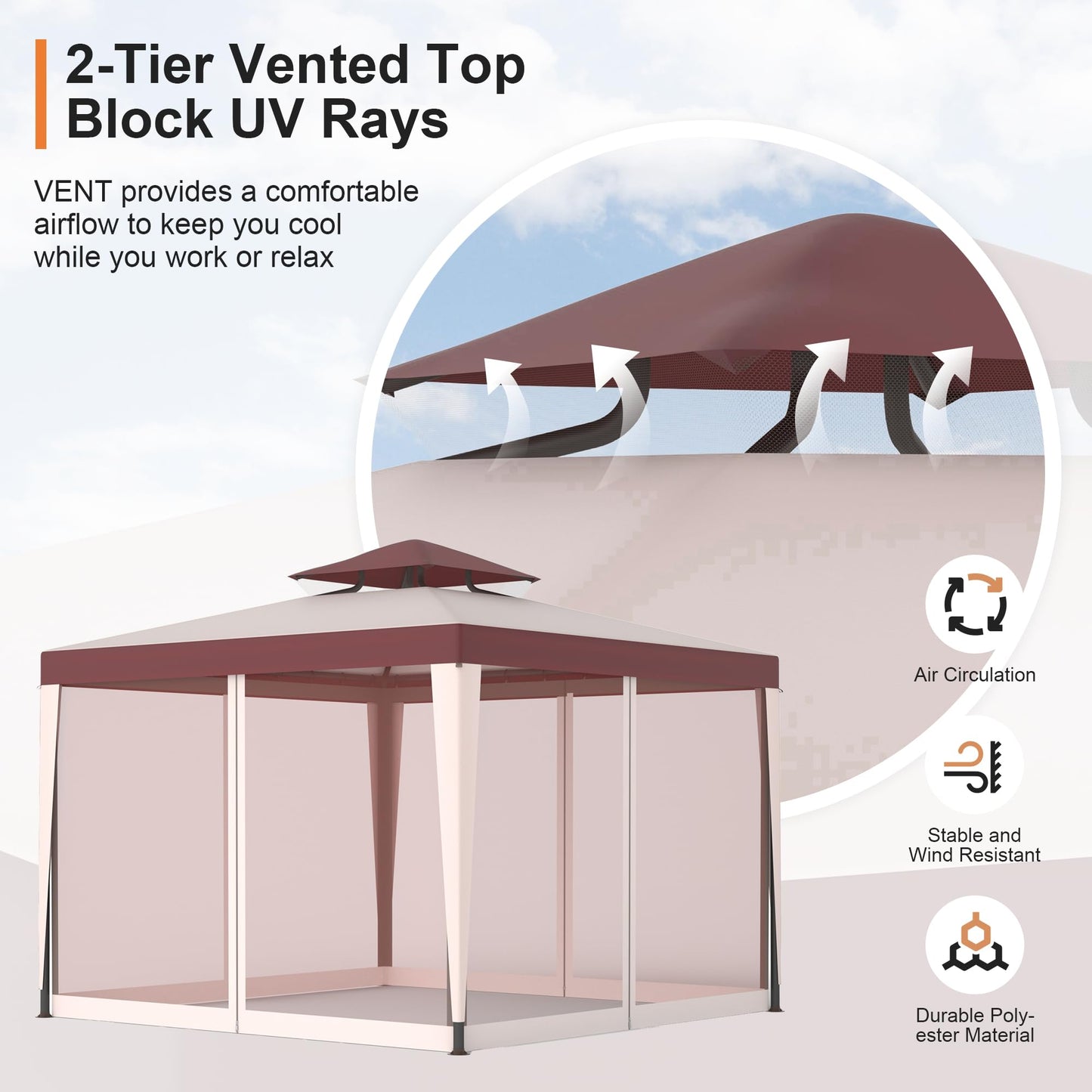 Patio Gazebo Tent Outdoor Canopy Shelter 10'x10' with Removable Netting,100 Square Feet of Shade for Garden, Backyard Deck and Lawns (Red)