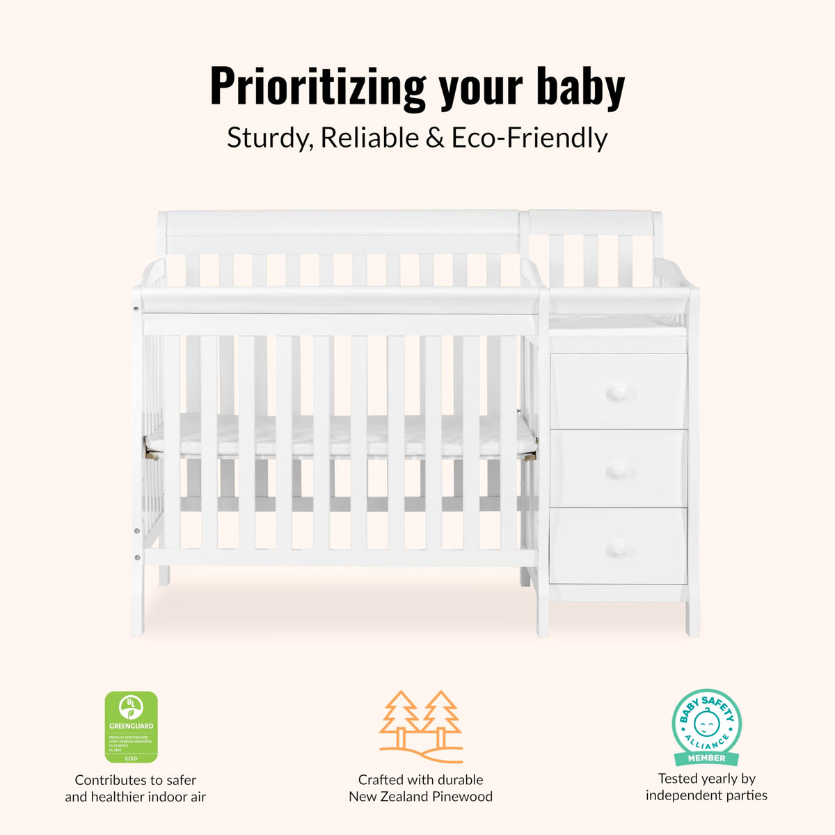 Dream On Me Jayden 4-in-1 Convertible Mini Baby Crib with 3 Drawer Changer