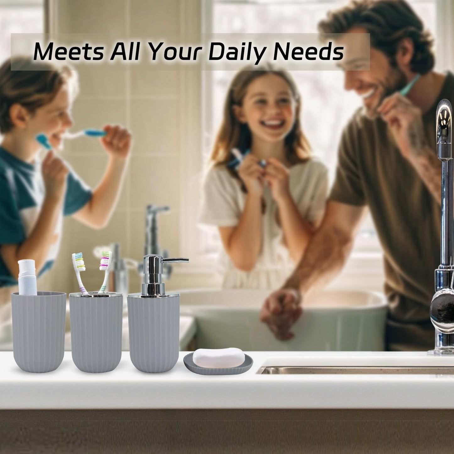 Grey Bathroom Accessories Set with Shower Curtain, Trash Can, Lotion Soap Dispenser, Soap Dish, Toothbrush Holder, Toothbrush Cup, Toilet Brush Holder and Tray for Bathroom Decor