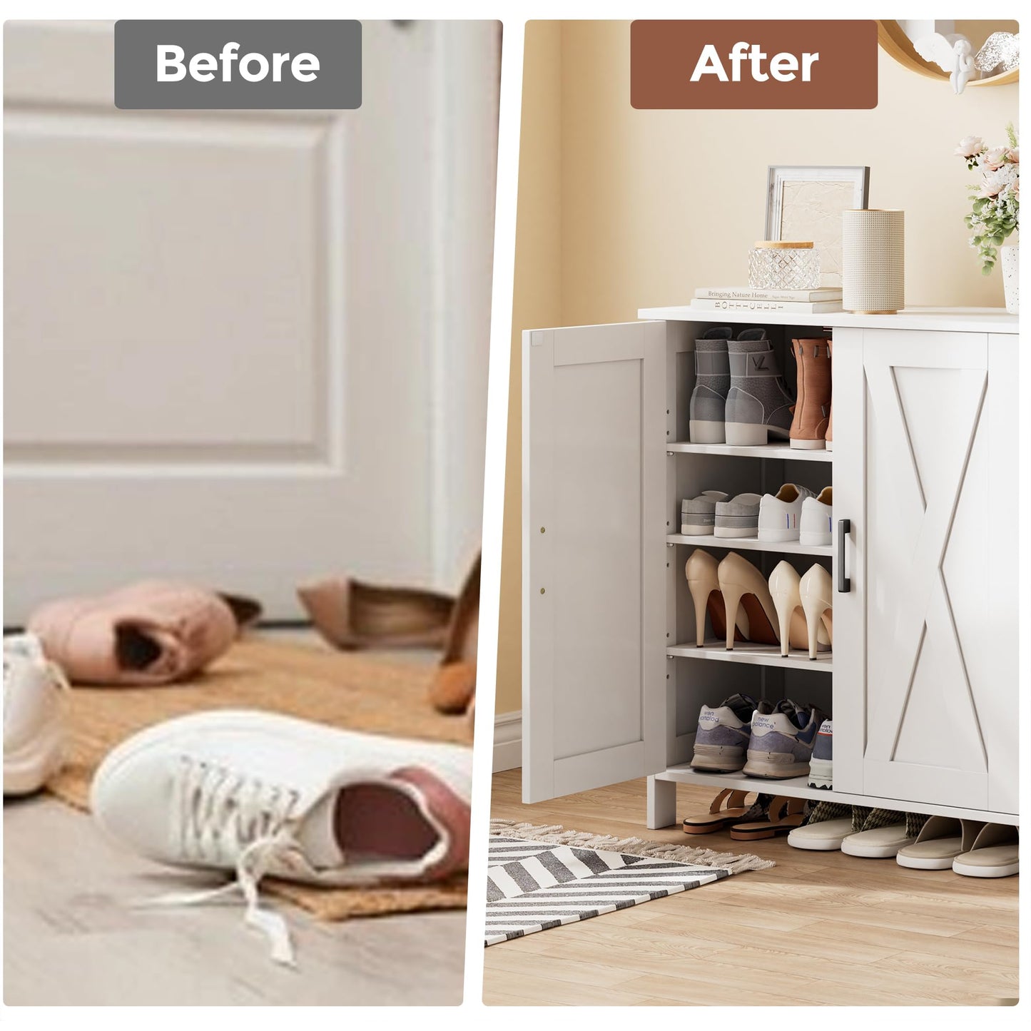Homleke Farmhouse Shoe Cabinet with 2 Barn Doors & Wood Legs