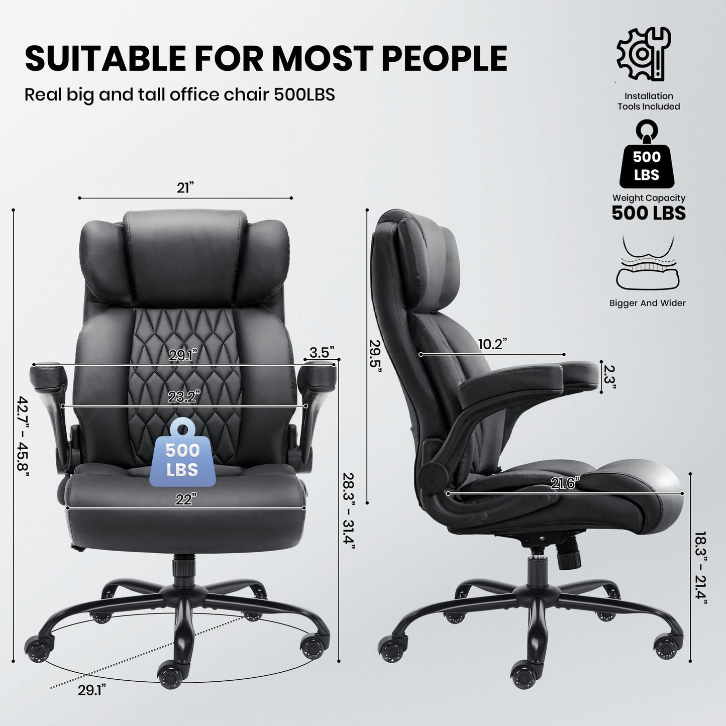 500lbs Big and Tall Office Chair Adjustable Lumbar Support for Back Pain, Extra Wide Seat Executive Office Chair Thick Armrest Pad, Heavy Duty Base&Upgraded Wheels, Ergonomic Desk Chair