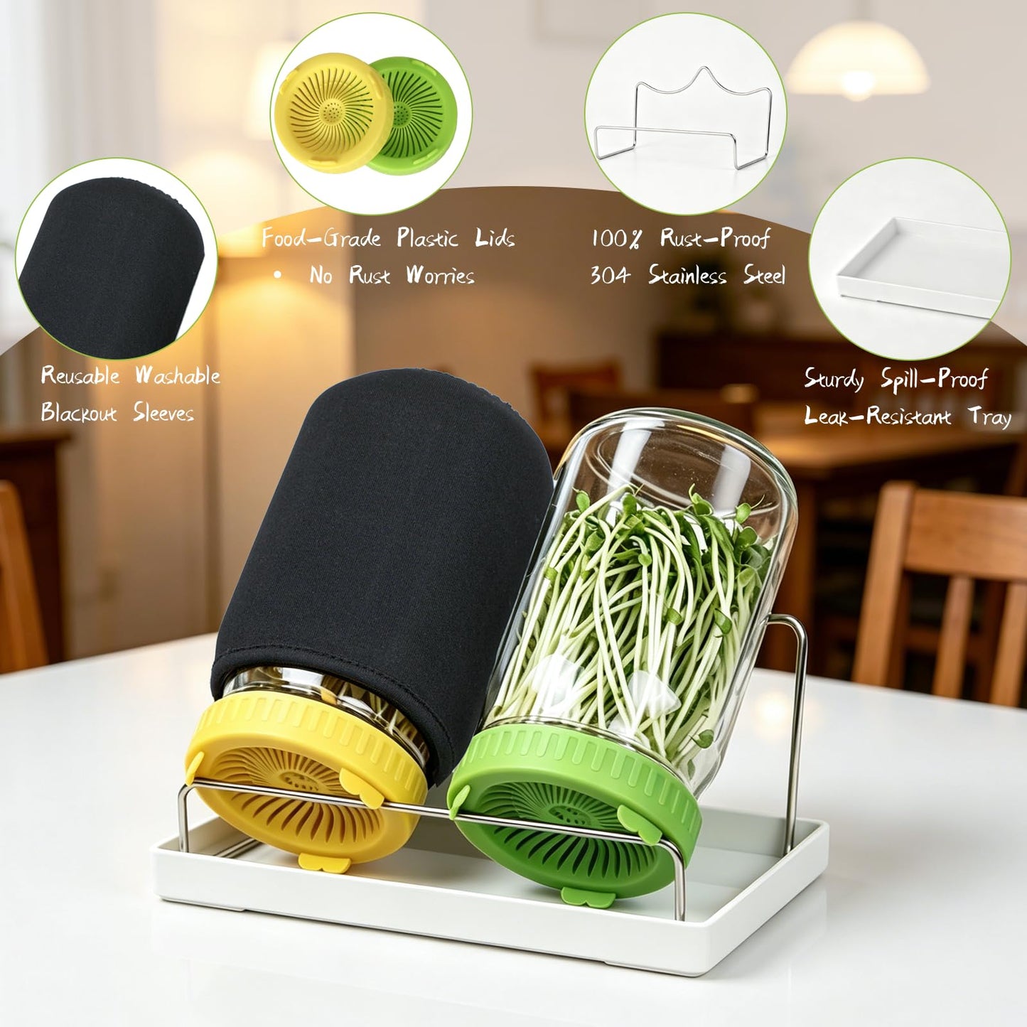 Seed Sprouting Kit - 2×32 Oz Wide-Mouth Mason Jars with Sprouter Lids, Stand, Sprout Tray & Light Shield, for Broccoli, Alfalfa, Mung Beans & Microgreens (Yellow + Green)