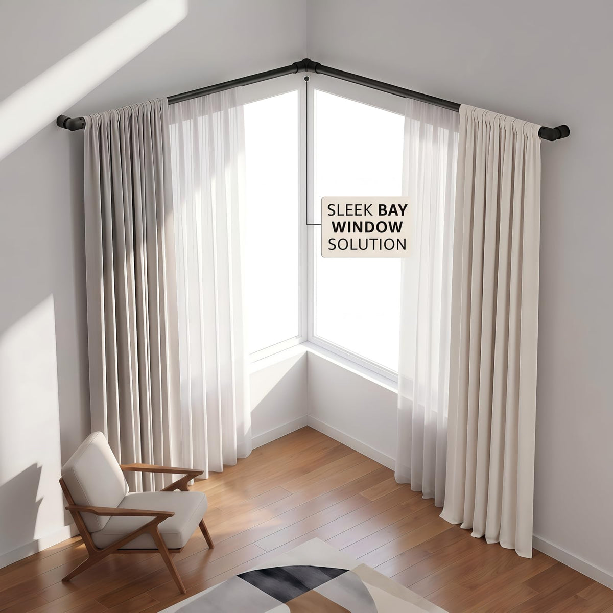 Heavy Duty Adjustable Corner Curtain Rod Connector, 2 Pack Black Metal Hinged Elbow Connector for 1 Inch Bay Window Curtain Rods & Blinds