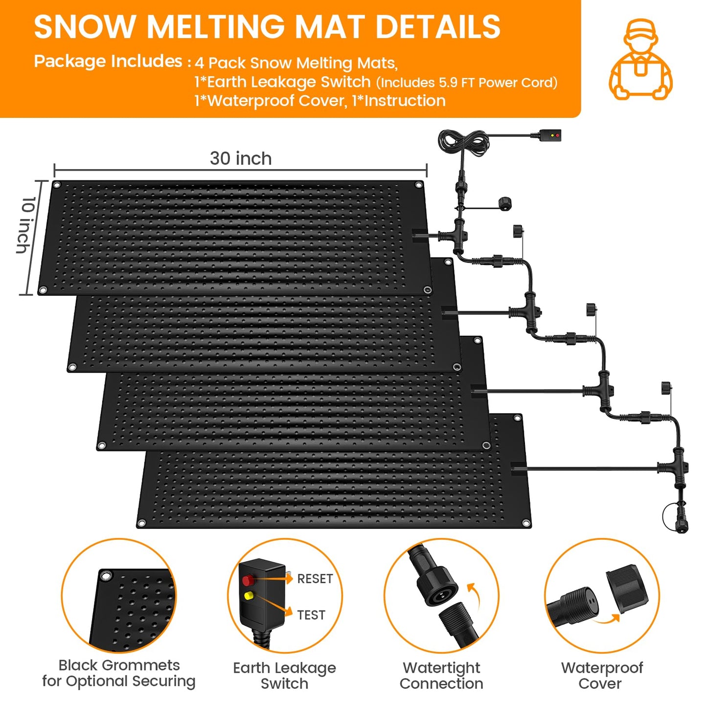4 Pcs Heated Snow Melting Mats - 10 x 30 Inch Heated Outdoor Mats with 6.5 ft Power Cord, No-Slip Snow and Ice Melting Mat for Walkways, Electric Snow Melting Mats for Decks Sidewalks Driveway Stair