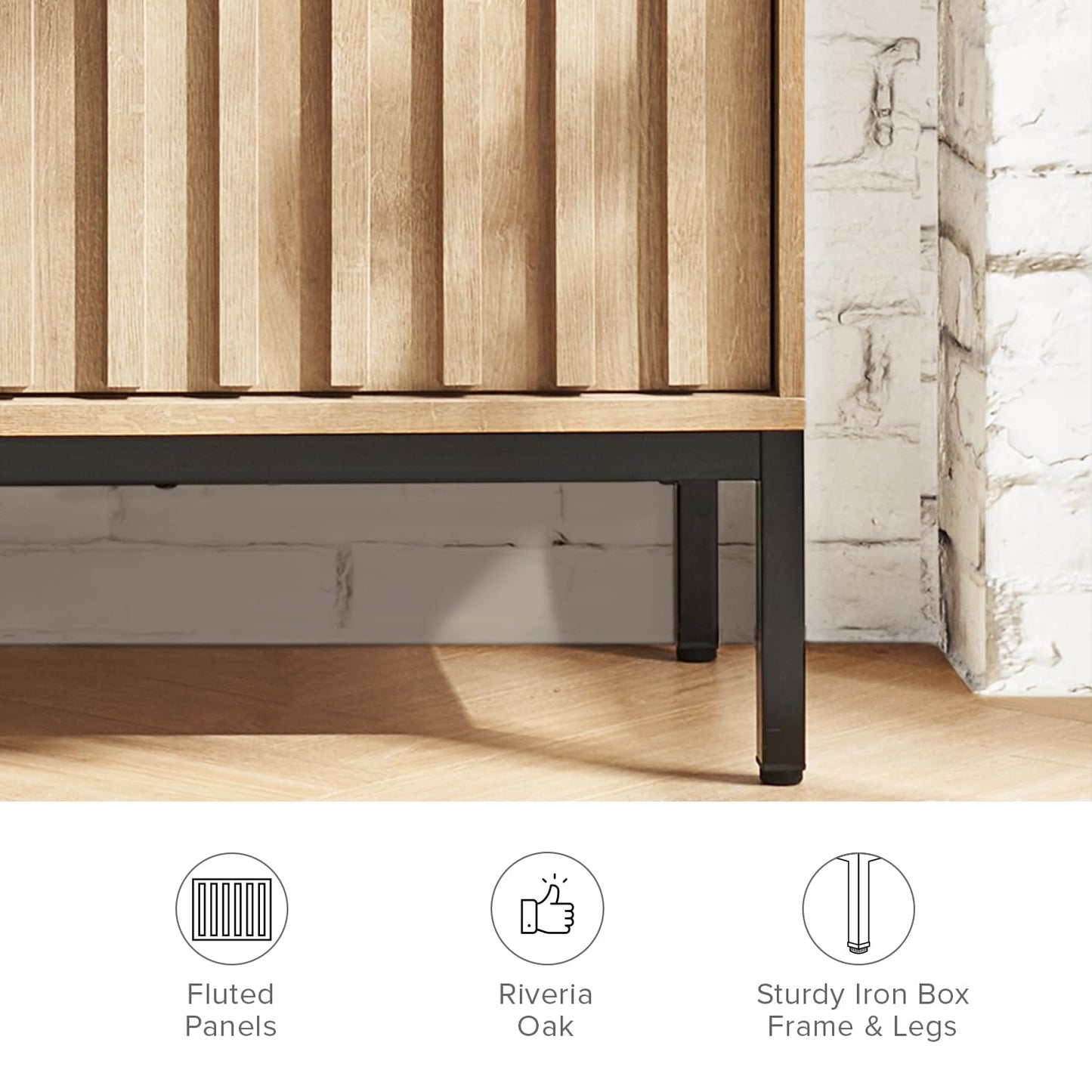 mopio Norwin Record Player Stand, 120 Albums Vinyl Record Storage, Turntable Stand, Media Stereo Storage Cabinet, Small TV Table, Removable Dividers, Fluted Sliding Door, Metal Legs, Living Room