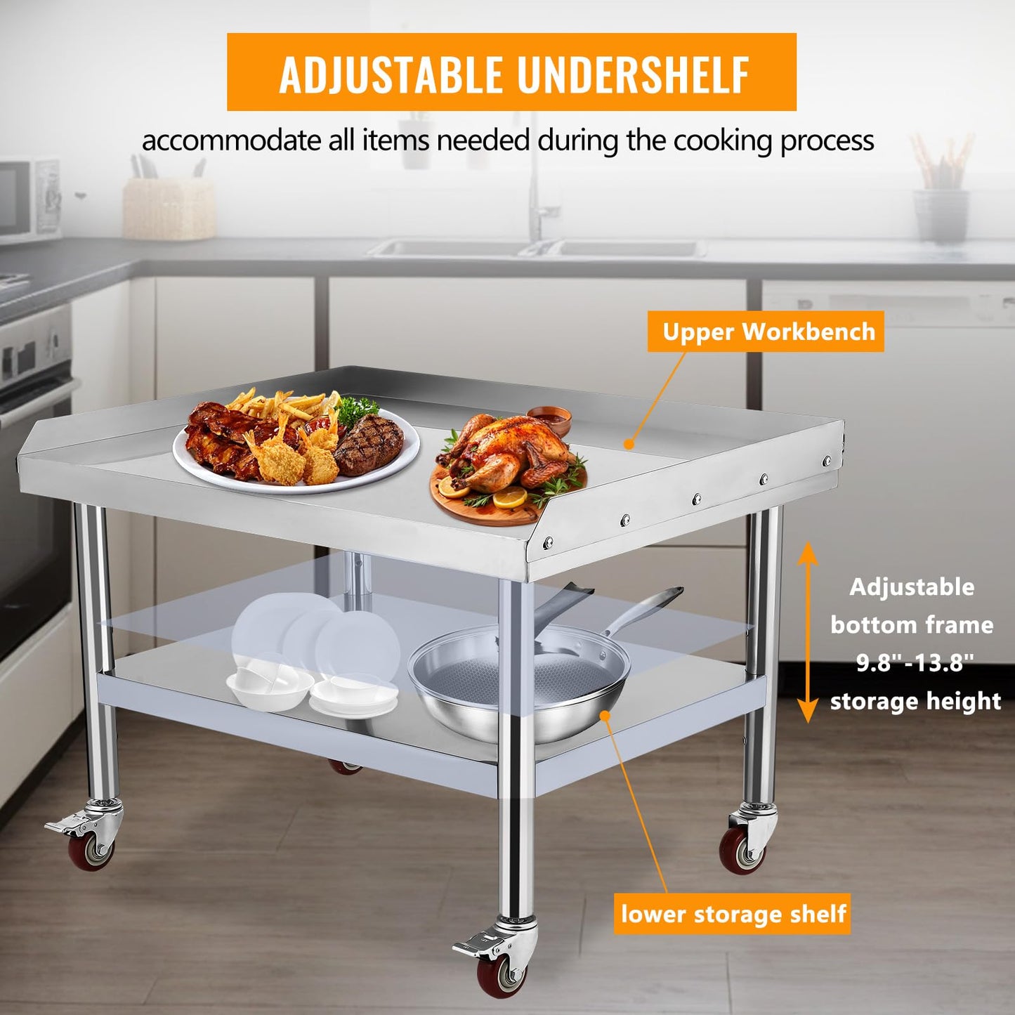 Stainless Steel Equipment Grill Stand Table (24" x 28" x 24") - Heavy Duty Commercial Kitchen Work Table - 1000 Lbs Top Shelf Capacity with 2" Edge Baffle - Adjustable Bottom Shelf & Legs