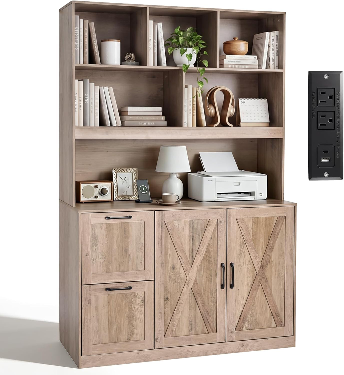 NORTHSKY 72'' Tall Bookshelf with Power Outlet, 2 Drawer File Cabinet for A4 Hanging Files, 3-Tier Open Shelves & Closed Storage Cabinets, Multifunctional Printer Stand - Light Brown