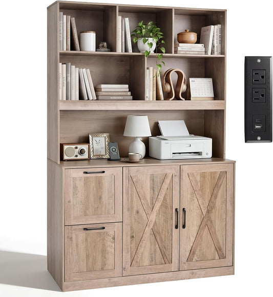 NORTHSKY 72'' Tall Bookshelf with Power Outlet, 2 Drawer File Cabinet for A4 Hanging Files, 3-Tier Open Shelves & Closed Storage Cabinets, Multifunctional Printer Stand - Light Brown