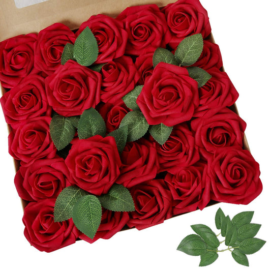 AmyHomie Dark Red Rose 25pcs Real Looking Artificial Flowers w/Stem