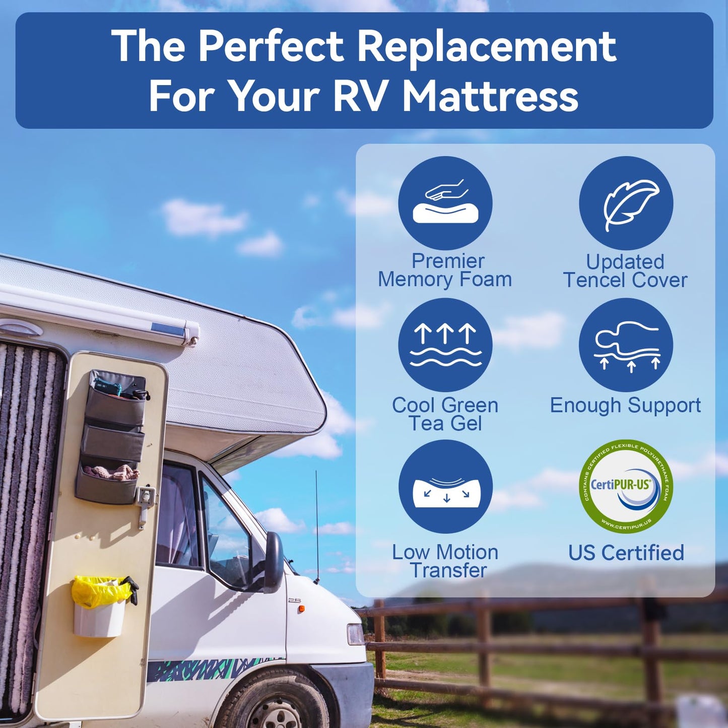 Short Queen RV Mattress 10 Inch with Tencel Cover, Premier Cooling Green Tea/Gel Memory Foam Mattresses in Box for Camper/Truck/Trailer, Medium Firm Bed-Mattress Made in USA, CertiPUR-US 75'' x 60''