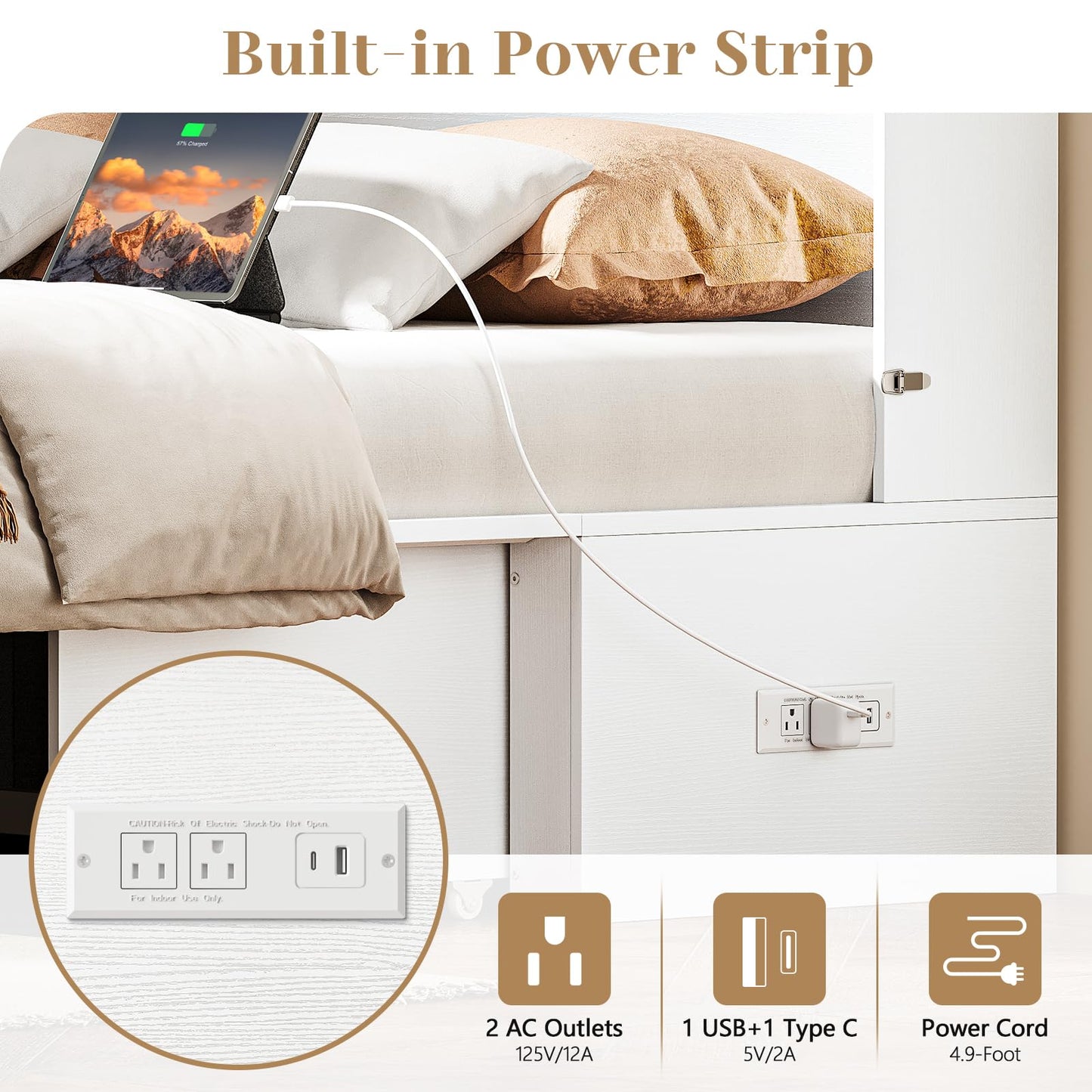 Yoobure Queen Murphy Bed with Charging Station - Modern Queen Bed Frame with Storage, Foldable Platform Cabinet Beds with Drawer, Wood Hideway Bedframe for Guest & Living Room, Bedroom, Office, White