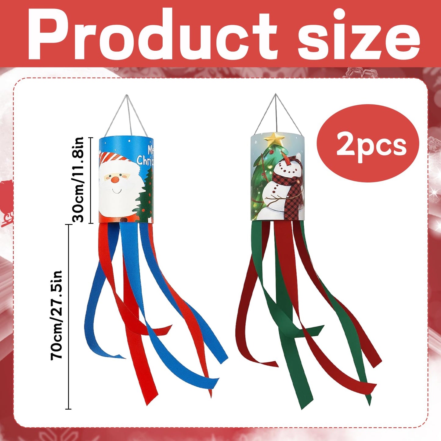 2 PCS Christmas Windsocks Outdoor, Set of 2 Holiday Decorations for Porch and Yard, Festive Fabric Windsock with Classic Designs
