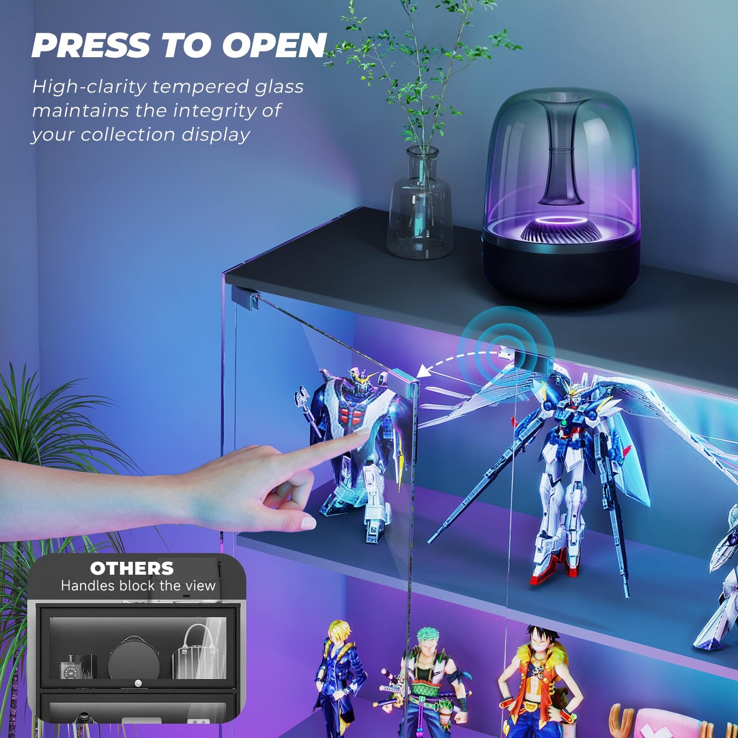 VersionTECH. Glass Display Cabinet with RGB LED Lights, Full-View Display, 3-Tier Display Case with Glass Doors for Collectibles, Cabinets with Lock, Human Sensor, Charging Station, Black