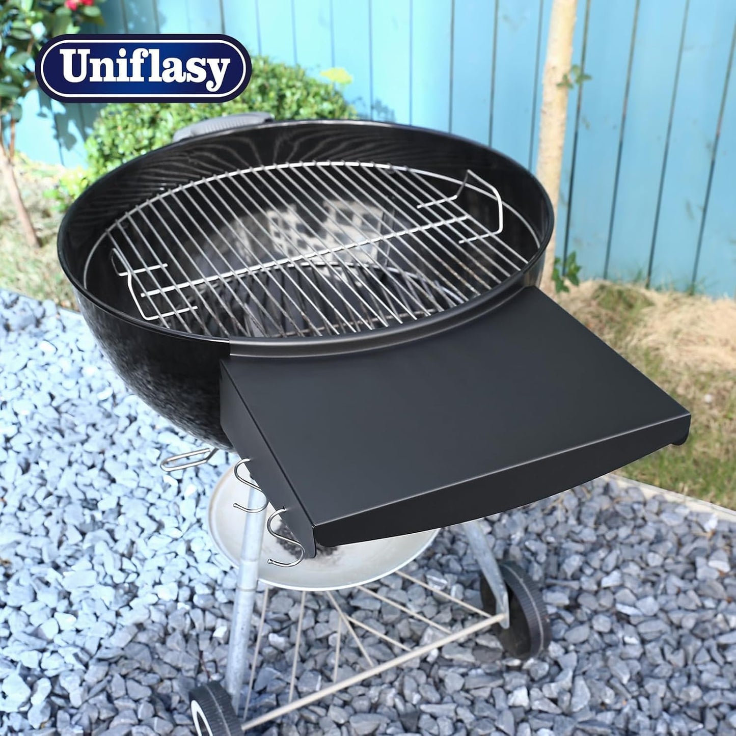 Uniflasy Side Table Shelf for Weber 22” Kettle Grills - Master Touch, Premium, Original Charcoal Grill Accessories, Black Steel with Hooks