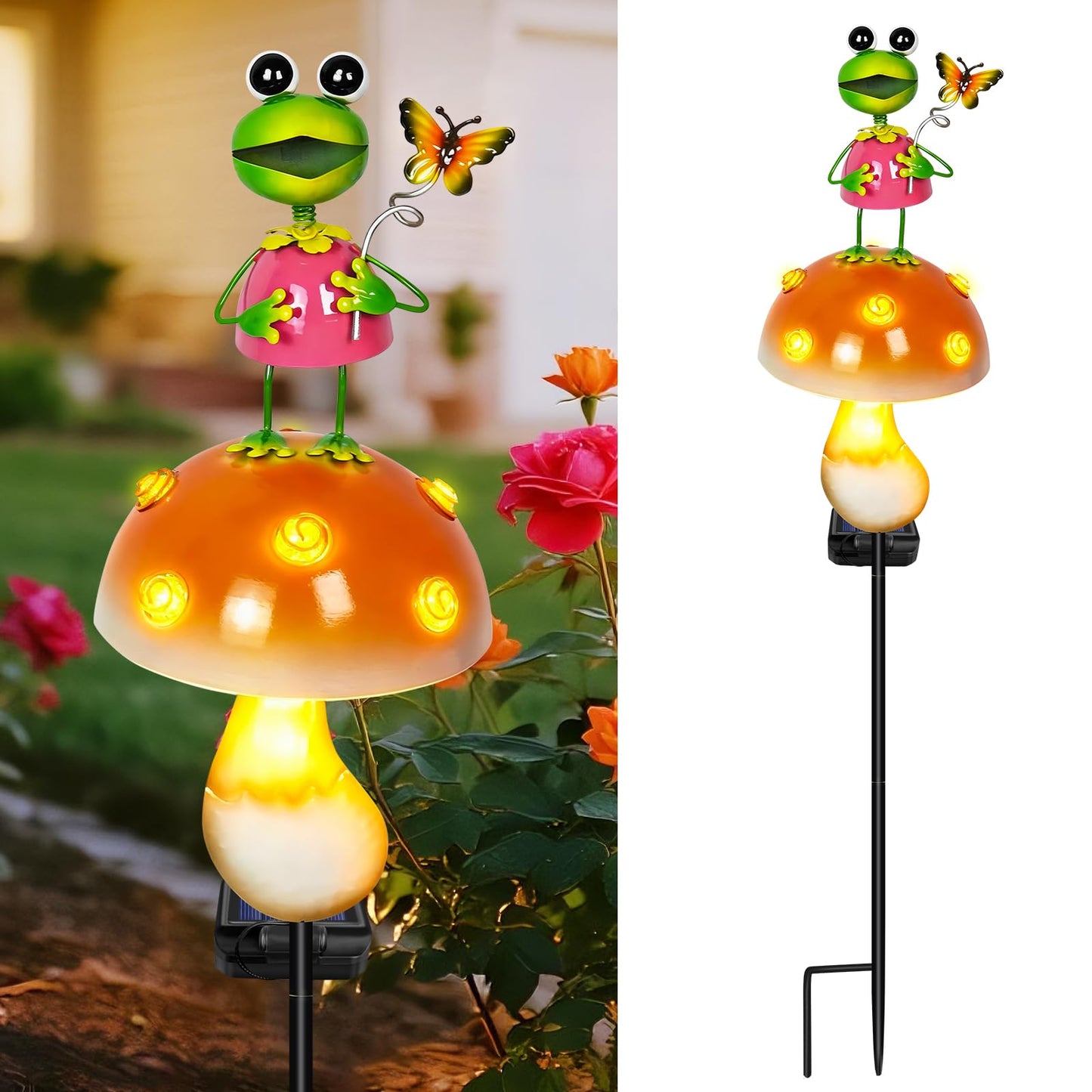 ostritec Solar Garden Lights Outdoor Decor, 36.2" Cute Frog Mushroom Garden Stake Light with Warm LED Glow, Waterproof Metal Yard Ornament for Patio, Lawn, Flower Bed, Gardening Gifts for Mom Grandma