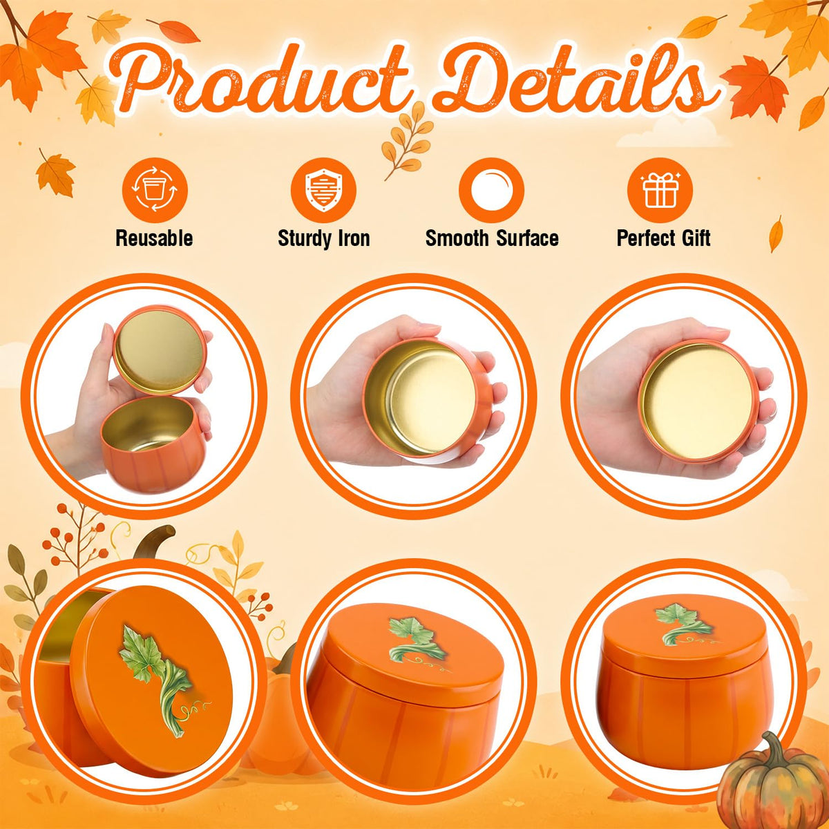 Yungyan 6 Pcs Pumpkin Metal Cookie Candle Tins with Lids 8 oz