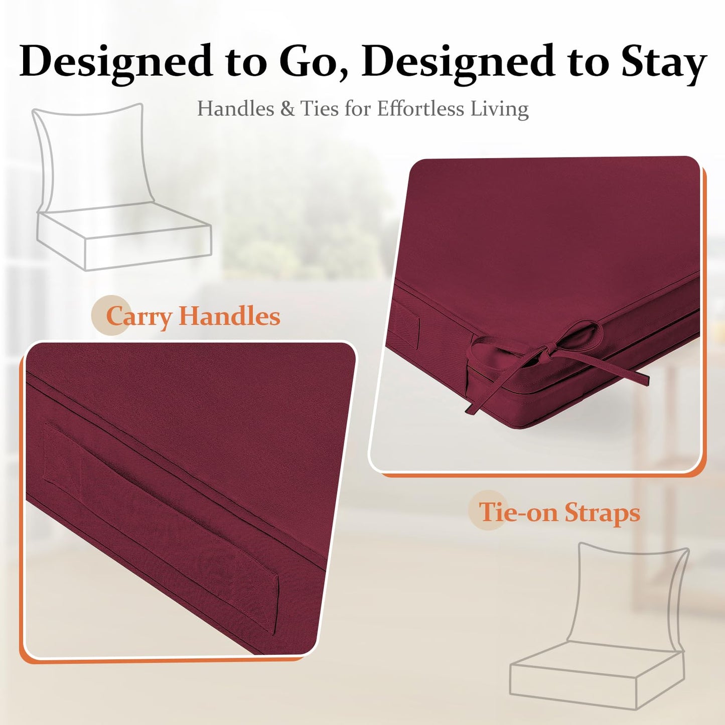 downluxe 24x24 Outdoor Chair Cushions, Waterproof Fade Resistant Patio Furniture Cushions with Handle & Removable Cover, Deep Seat Outdoor Cushions for Sofa, Couch and Patio Chairs, Burgundy