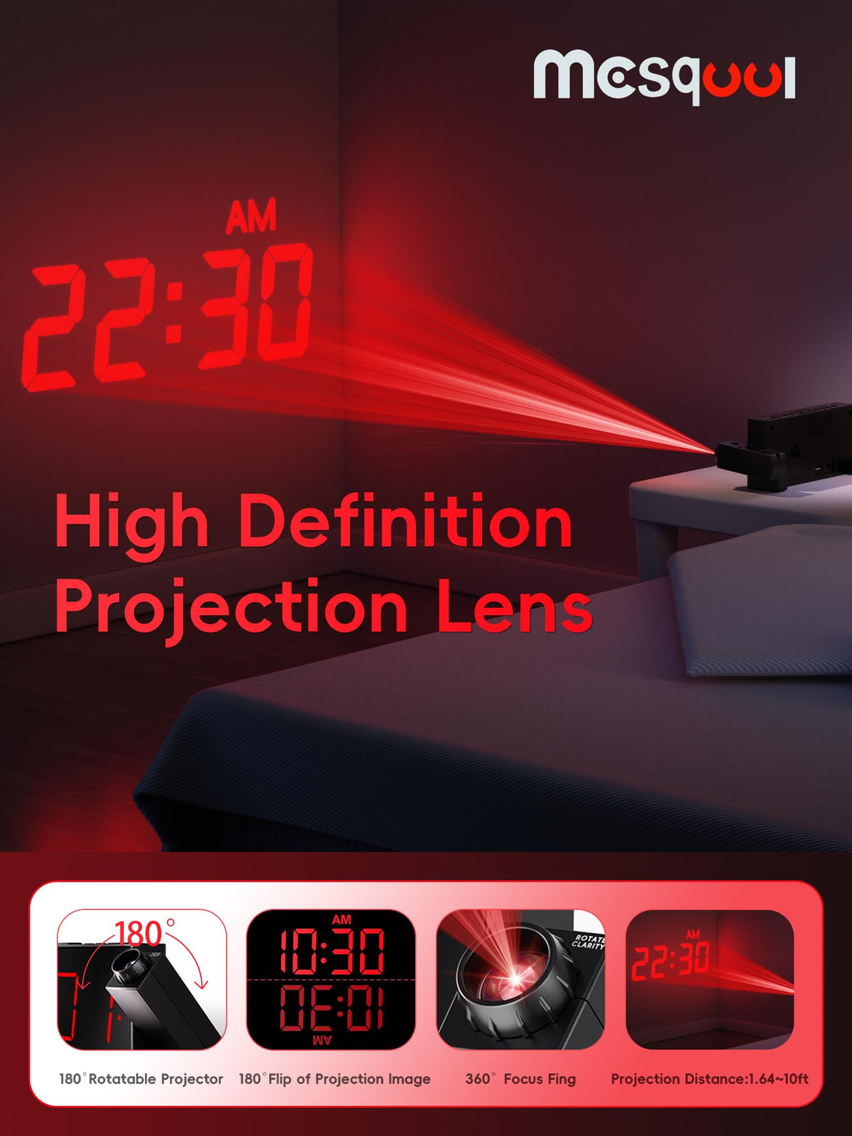 Mesqool Digital Projection Alarm Clock with Dual Alarms, 5 Levels Dimmer