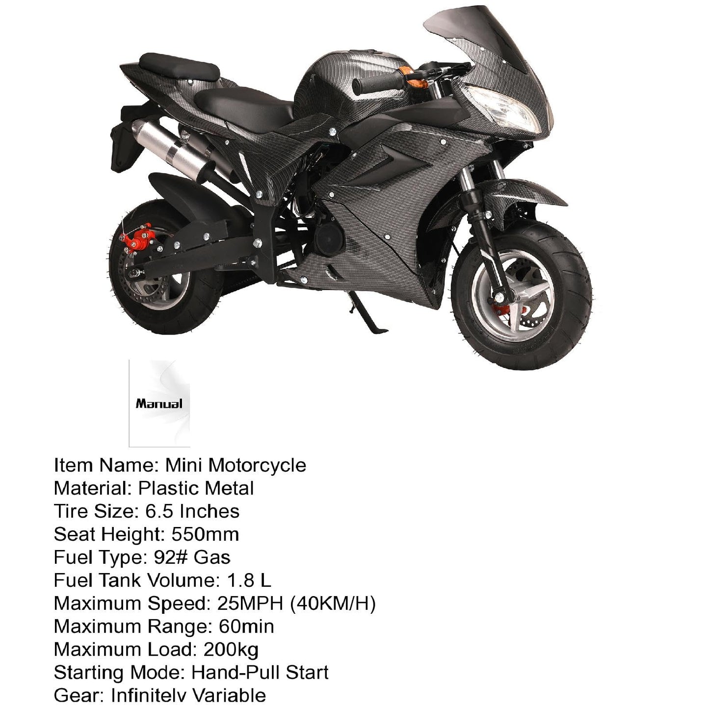 49cc Kids Motorcycle, Mini Dirt Bike, 4-Stroke Dirt Bike with 6.5" Off Road Tire, Gas Power Motocross with Front Rear Disc Brakes, Max Speed 25MPH,Max Load 440 LBS,Gift for 8-14 Kids,Black