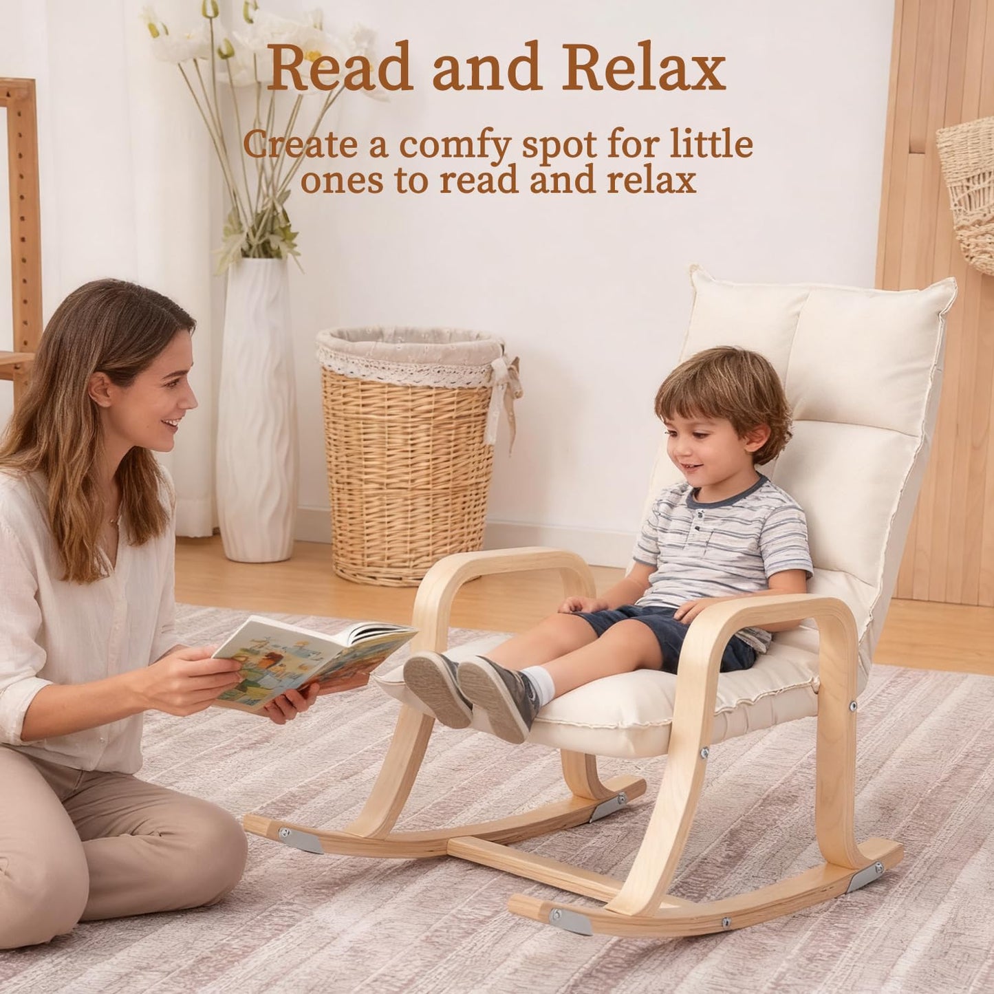 Swegrow Kids' Recliners，Rocker and Stationary Options, Sensory Rocking Chair for Kids & Toddlers，Versatile Floor Chair with Soft Fabric and Stability for Playroom, Bedroom, or Nursery (Beige)