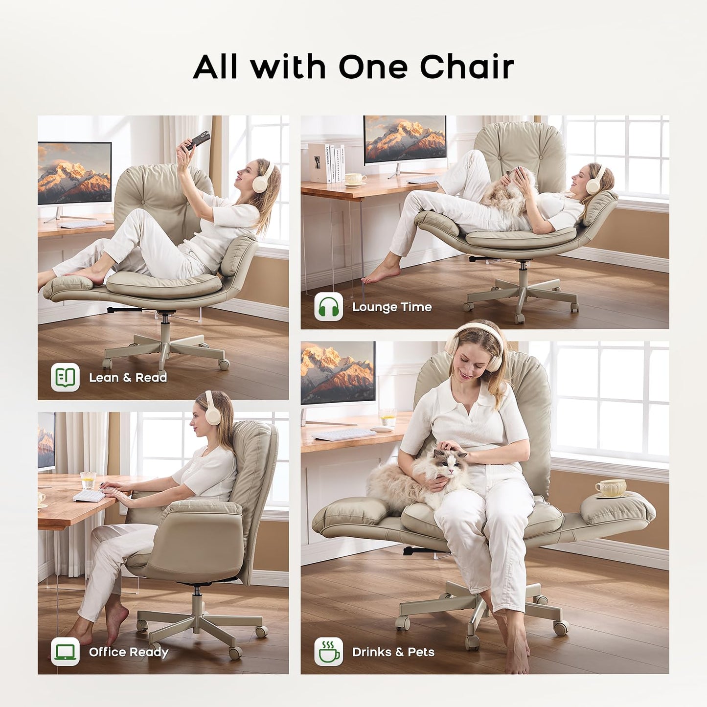 amseatec Criss Cross Chair with 5-Level Armrests — Self-Weight Recline with 90°/135° Lock, 400LBS Big and Tall Executive Office Chair, PU Leather Swivel Computer Desk Chair for Home Office (Cream)