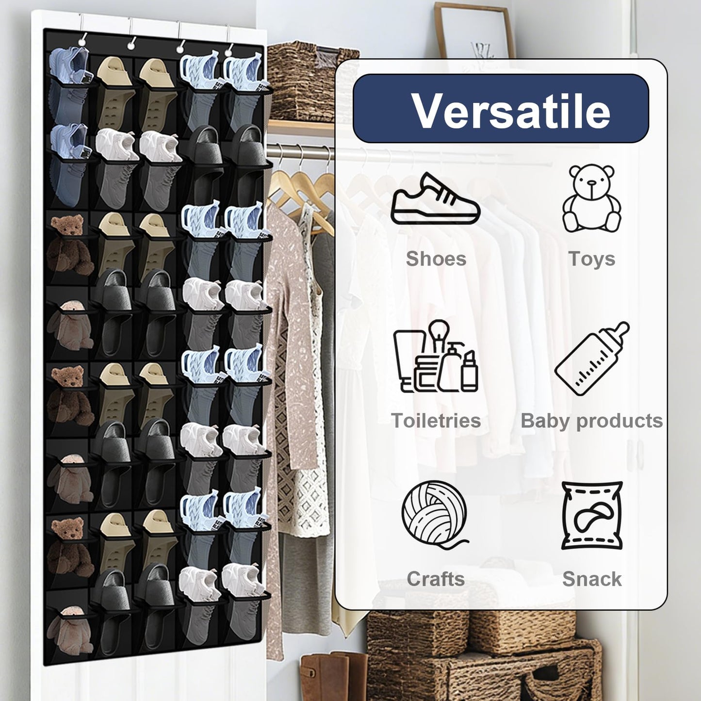 Siolviento Over the Door Shoe Organizer - 40 Large Breathable Mesh Pockets, Space Saving Hanging Shoe Organizer with Metal Hooks, Hanging Shoe Rack for Men's and Women's Shoes (Black)