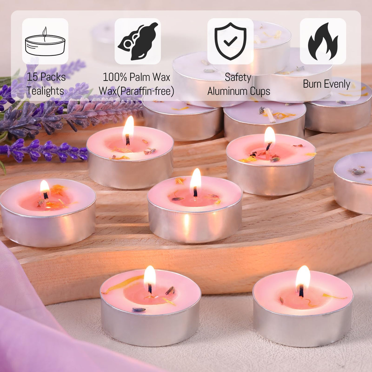 15 Pcs Lavender Scented Tealight Candles, Purple Tea Lights Candles
