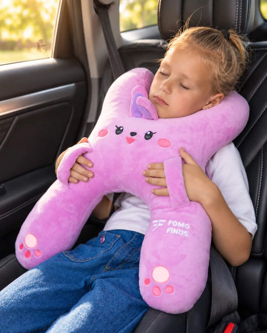 FOMO Finds Kids Car Sleeping Pillow, Neck & Back Support, Purple Rabbit
