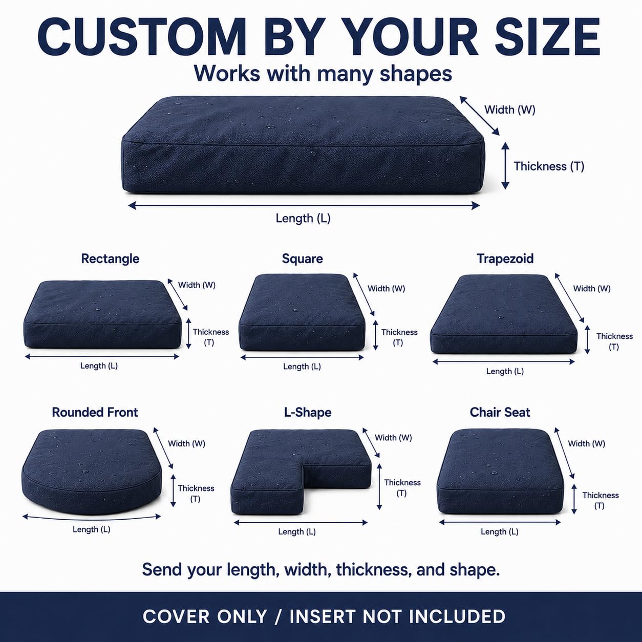 Custom Size Waterproof Cushion Covers with Zipper, Made to Measure Outdoor Patio Furniture Cushion Cover Replacement, 600D Oxford Bench Chair Sofa Seat Slipcover, Cover Only, Any Size & Shape