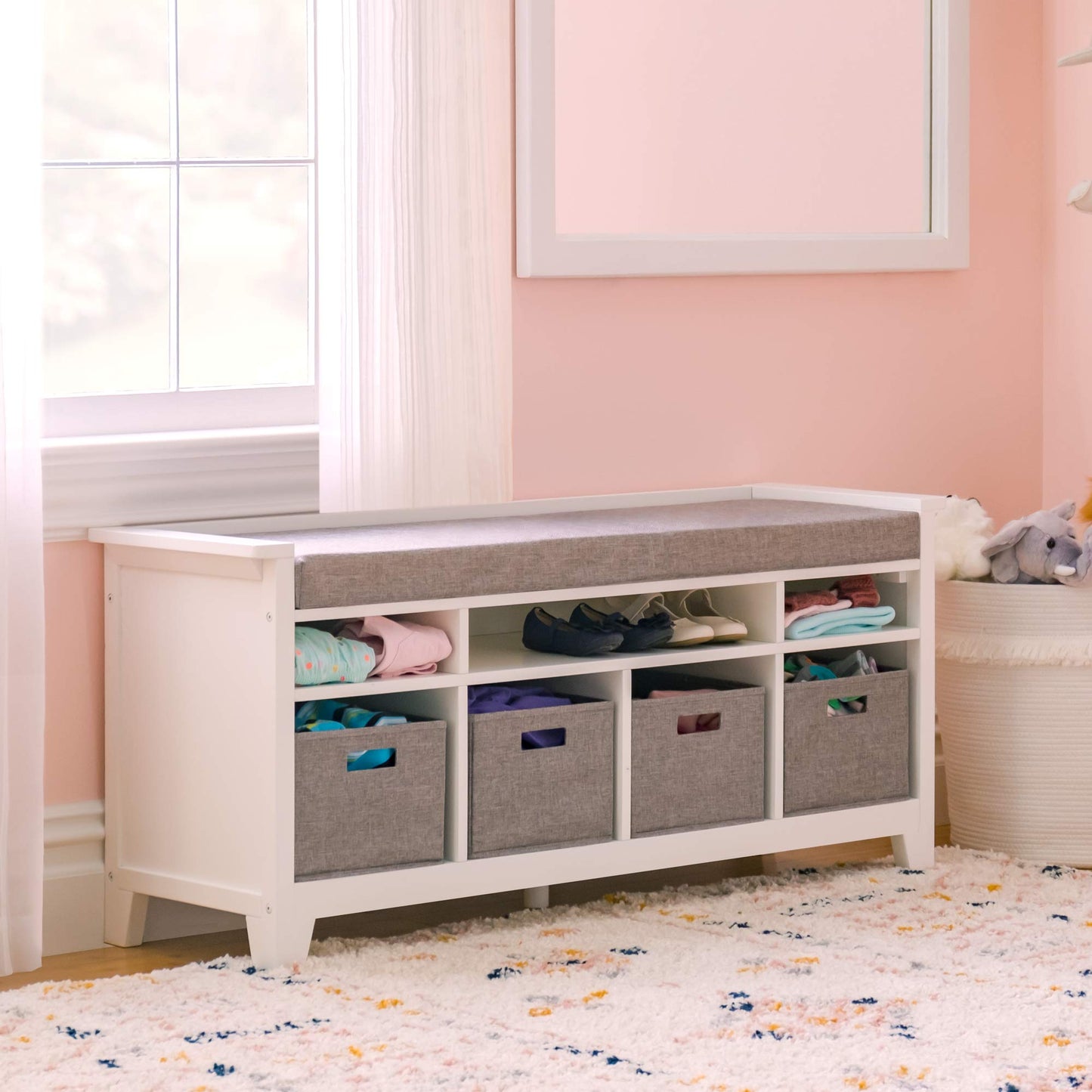 Martha Stewart Kids' Storage Bench - Linen White: Wooden Toy and Book Organizer with Shelves, Built-in Cushion and Fabric Bins for Playroom and Bedroom