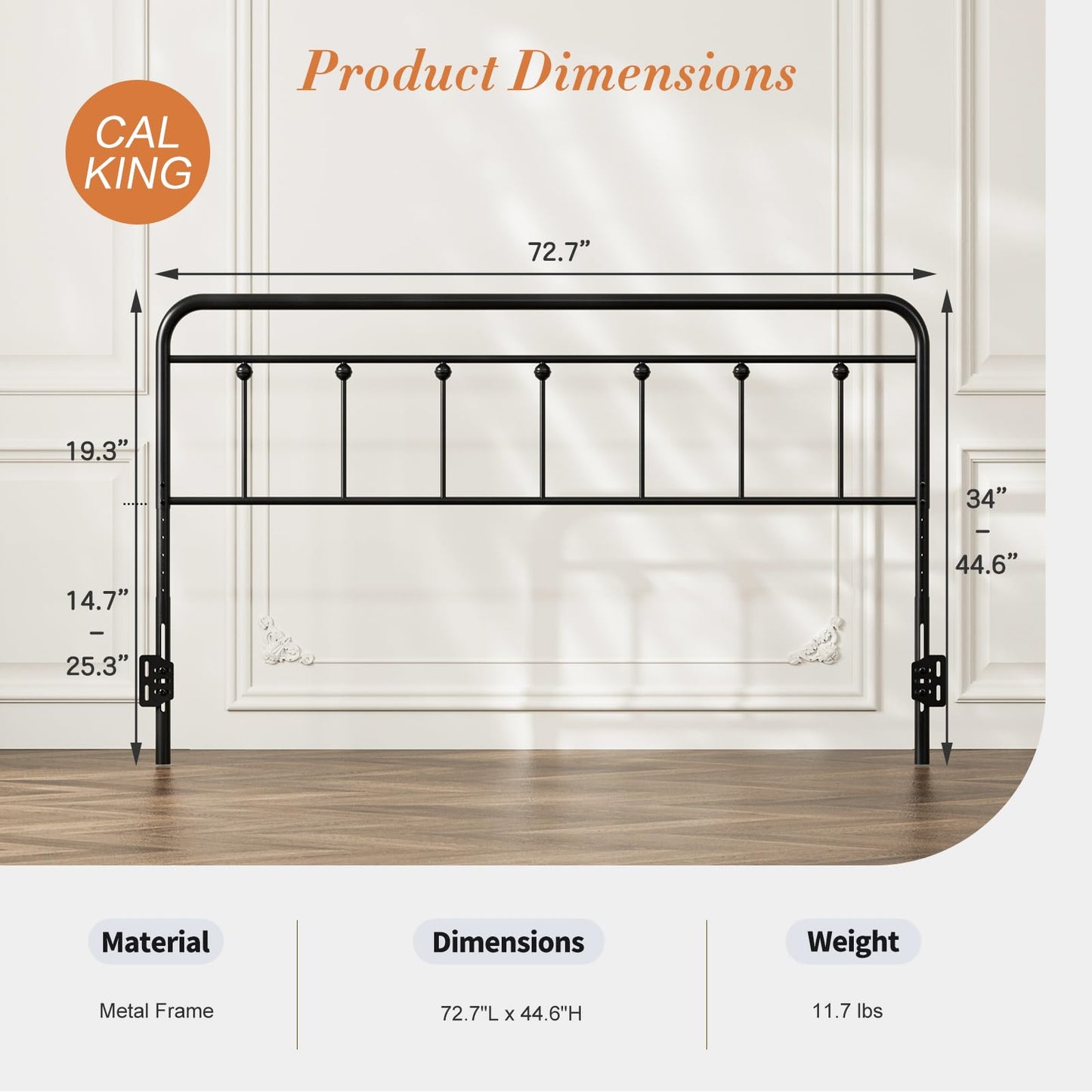 ARICOEASY Metal California King Headboard Only, Adjustable Height, Steel Cal King Headboard with Bed Frame Brackets Adapter, Farmhouse Victorian Style, Easy Assembly, Black