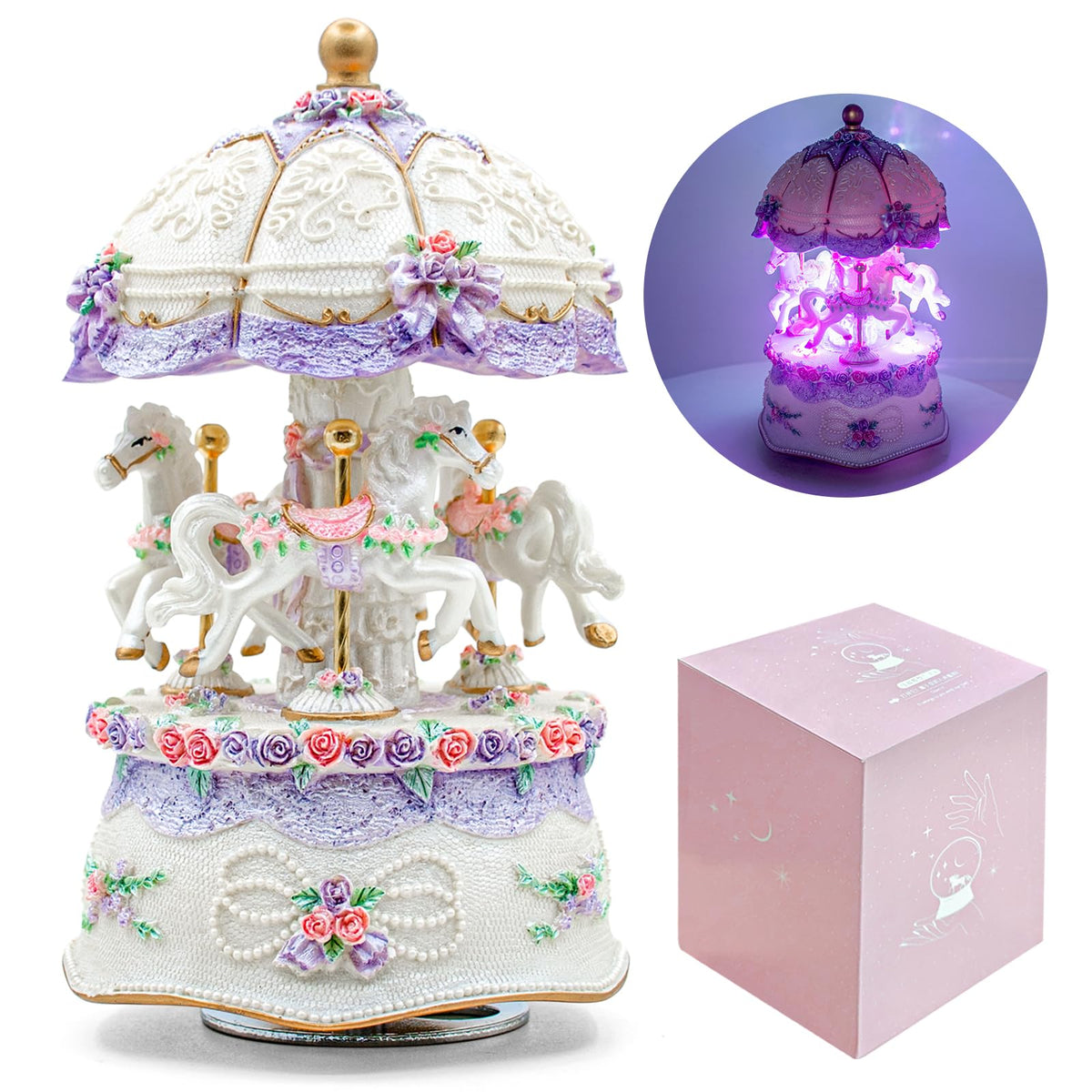 Carousel Music Box,Luxury Color Change LED Light ,Luminous Rotating 3-horse