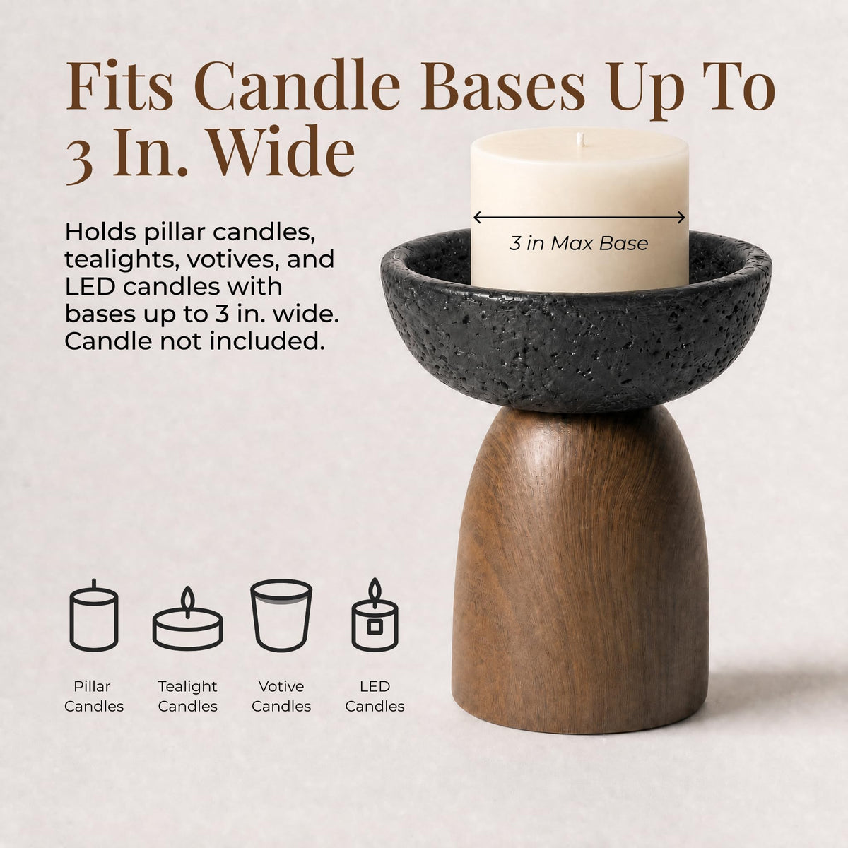 Concrete Candle Holder, Black Concrete Bowl, 5.5 in Tall, Fits 3 in Candles