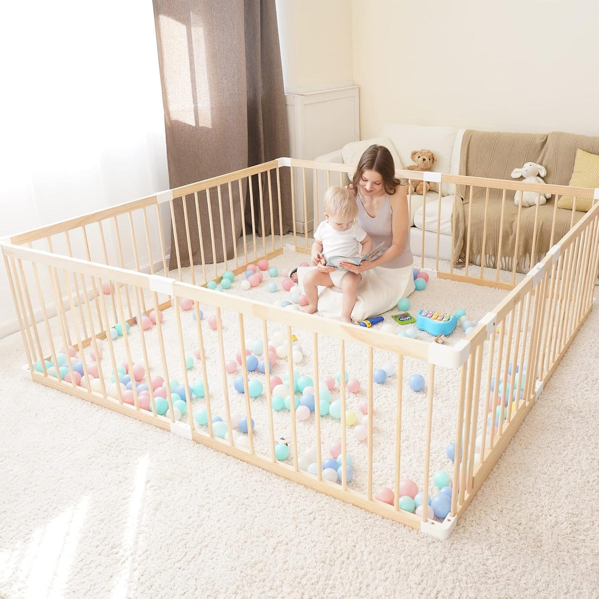 GGF 79×71" Rectangular Wooden Playpen, Dual-Lock Gate Toddler Fence