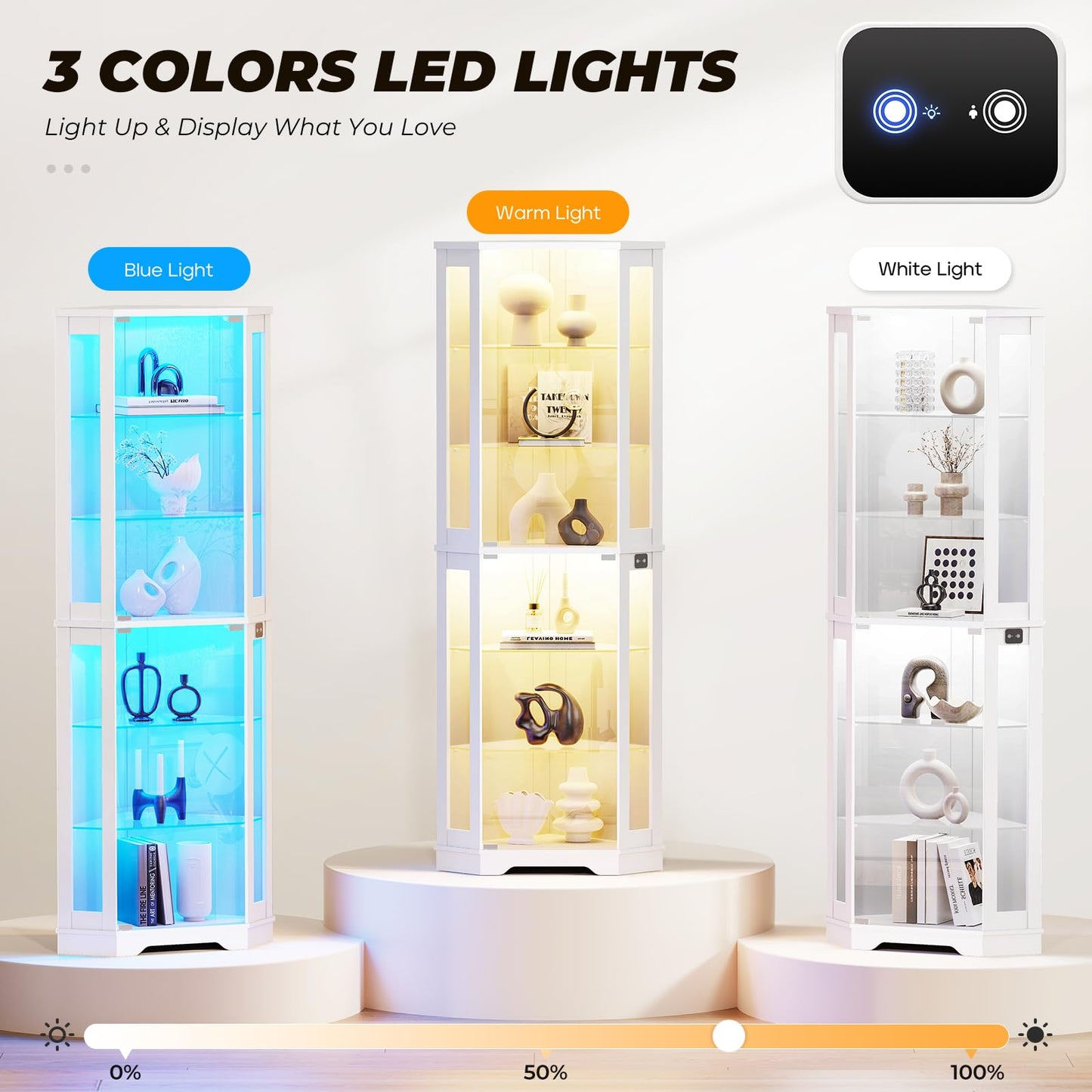 BROTTAR 71" Corner Display Cabinet with Glass Doors, 6 Tier Curio Cabinet with 3 LED Lights & Glass Shelves, Human Body Sensor, Showcase Display Case for Collectibles, White