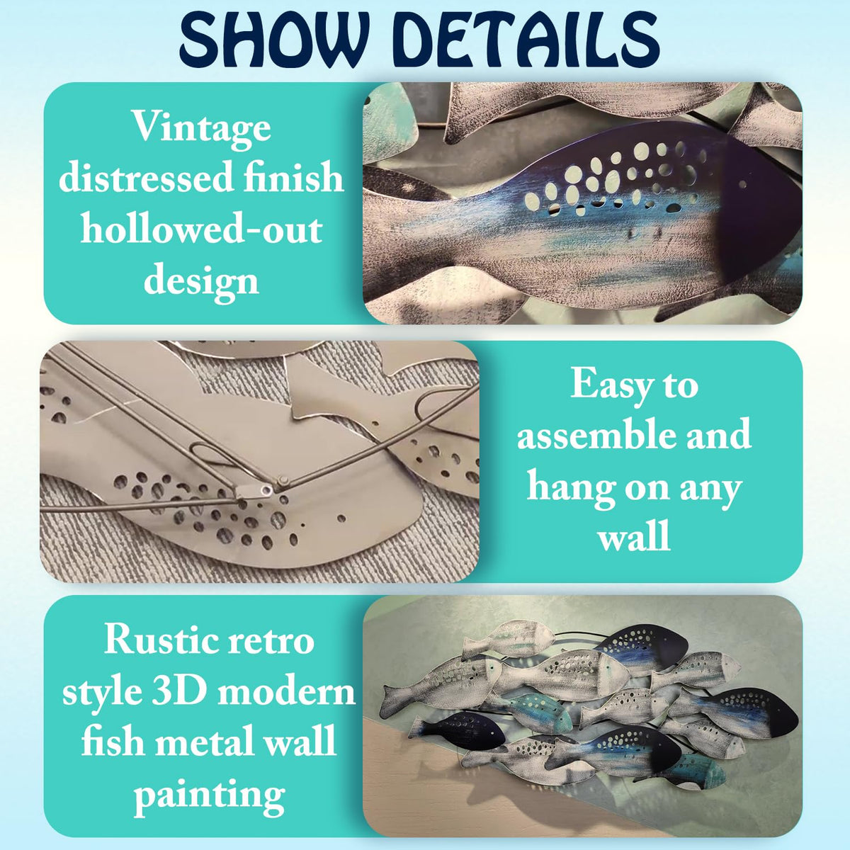 edaknez Coastal Metal Fish Wall Decor, Large Blue Fish Nautical Wall Art