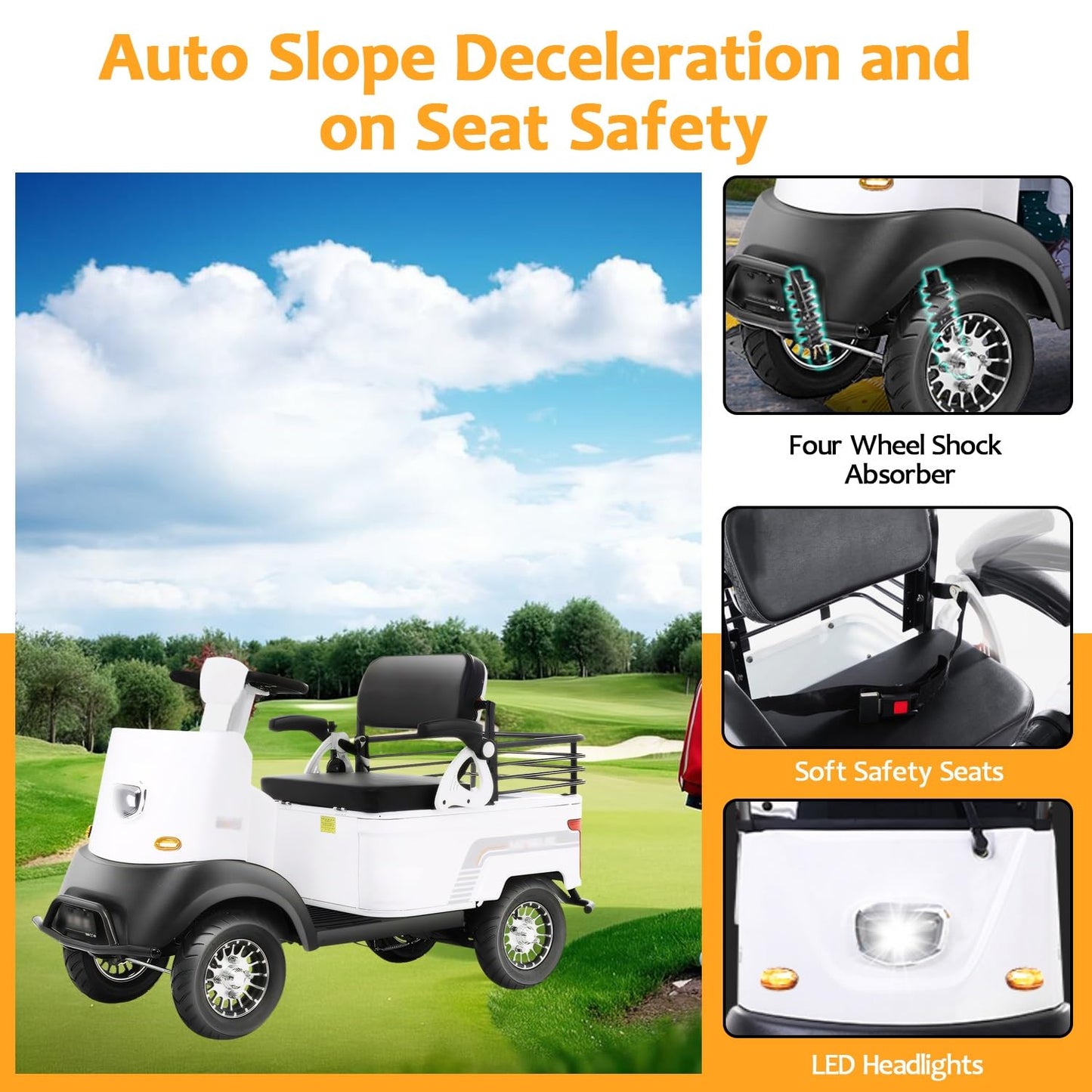 Electric Golf Cart Passenger Cruiser, Powered Mobility Scooters with Capacity Storage Trunk, Charge with Standard 120V Outlet Electric Passenger Cart, 28Mile Range and a Speed of 12MPH(White-Lithium)