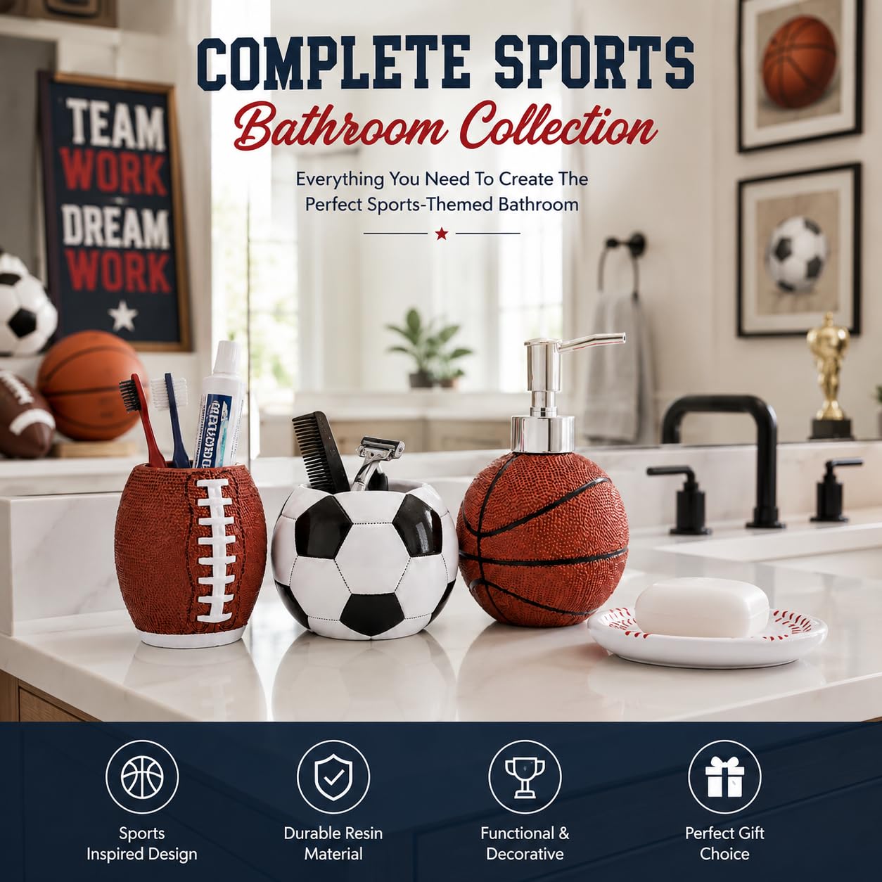 YangShiMoeed 4-Piece Sports Bathroom Accessories Set Complete with Basketball Lotion/Soap Dispenser,Soccer Bath Cup/Tumbler,Base Ball Soap Dish,Football Toothbrush Holder