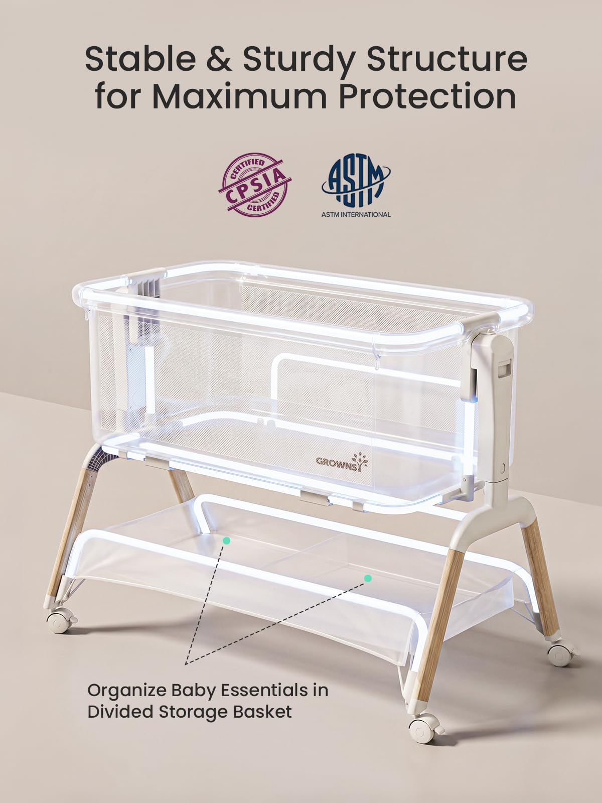 GROWNSY 5-in-1 Baby Bassinet Bedside Sleeper with Gentle Manual Rocking
