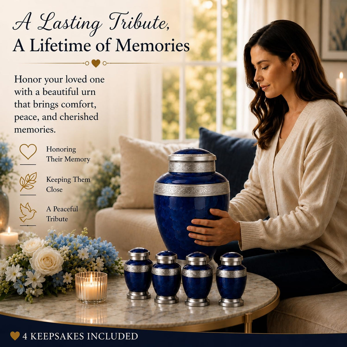 Silver & Blue Cremation Urns for Human Ashes Adult Burial Urn Set of 6