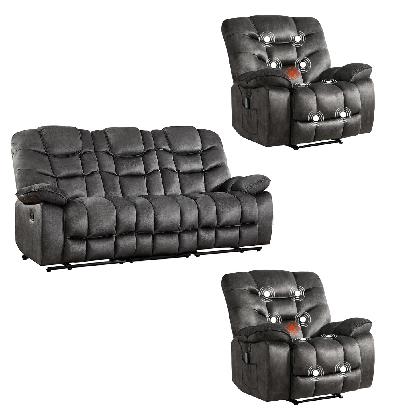 HAOMARKETS 3 Pieces Recliner Sofa Furniture Set, Include 2 Power Recliner Chairs with Message&Heat and a 3-Seater Reclining Couch for Living Room, Grey