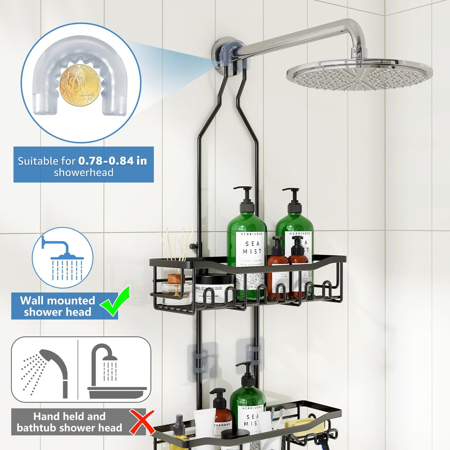 Joqixon Upgraded Extended Length Shower Organizer with Hooks, Rustproof Shampoo Soap Holder, Large Hanging Bathroom Caddy