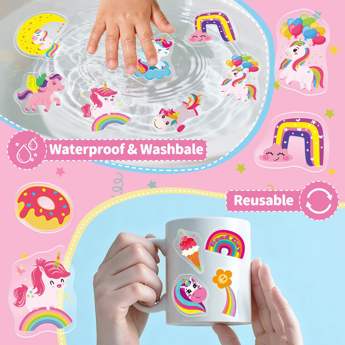 40PCS Unicorn Jelly Window Stickers for Kids, Rainbow Pony Gel Clings for Toddlers Glass Windows, Thick Reusable Clings for Girls Room Decor, Quiet Travel Toys Birthday Gift