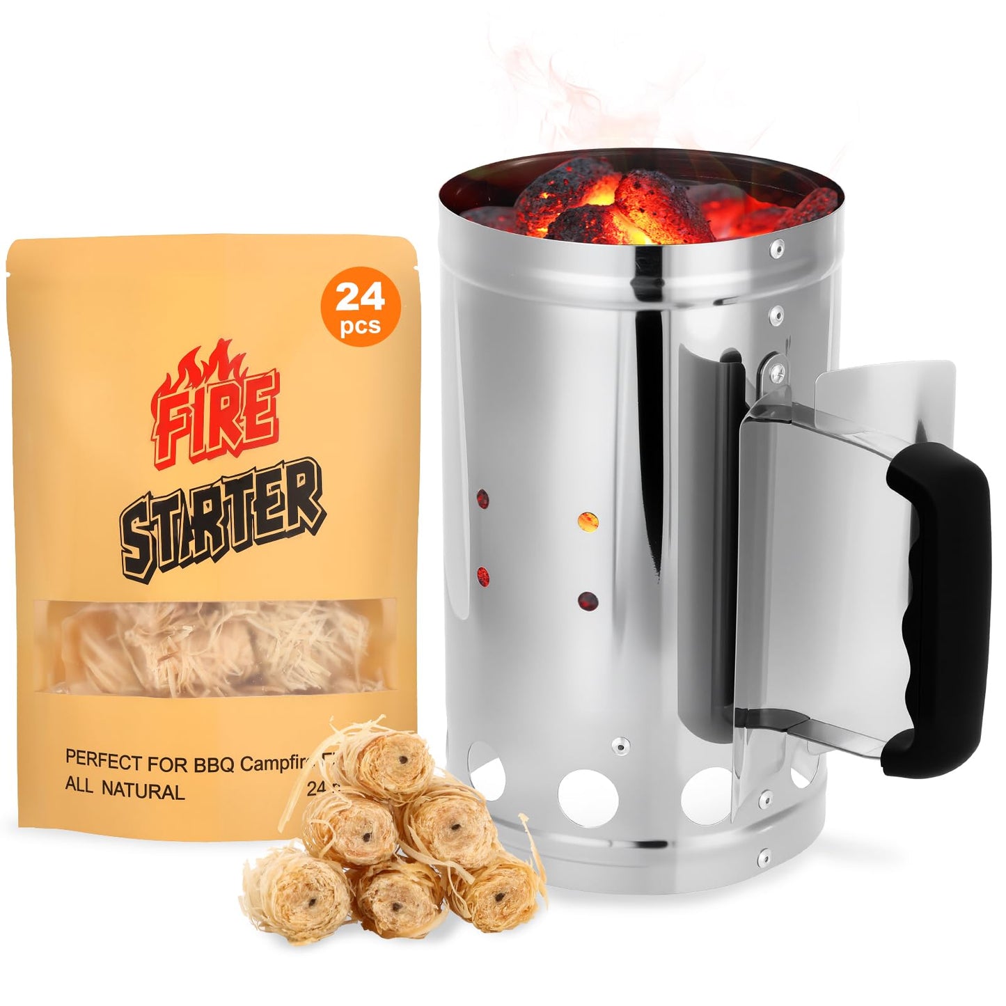 SUNLIFER Charcoal Chimney Starter, BBQ Grill Quick Rapid Fire Starter Chimney for Outdoor Barbecue Cooking Camping, Sturdy and Easy to Use, Stainless Steel（10.62" x 6.3"）